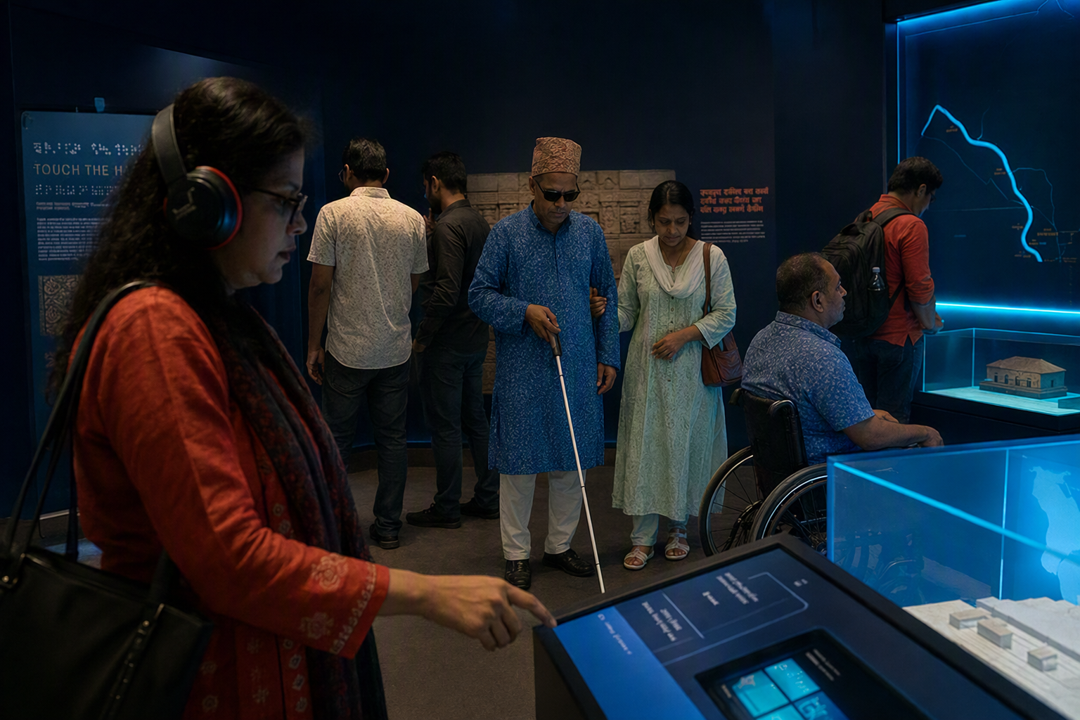 Visitors with varied mobility and sensory needs exploring a luminous interactive gallery together