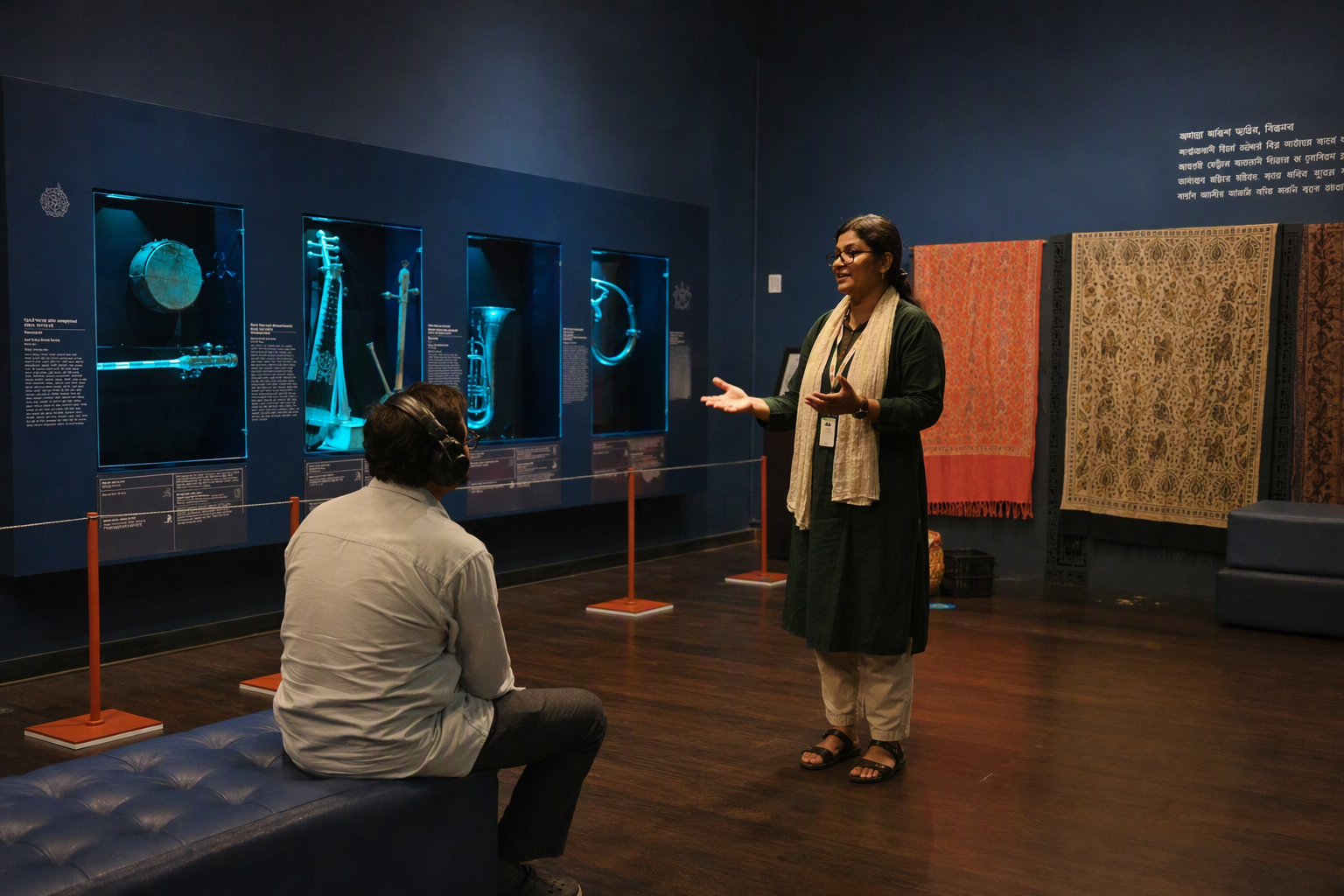 A small group exploring an interactive science room during a low-sensory session with reduced lighting and visual volume indicators