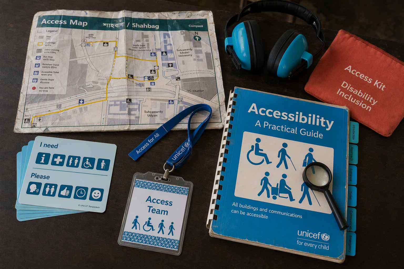 An access planning kit with a visual schedule, ear defenders, large-print guide, water bottle, and note cards