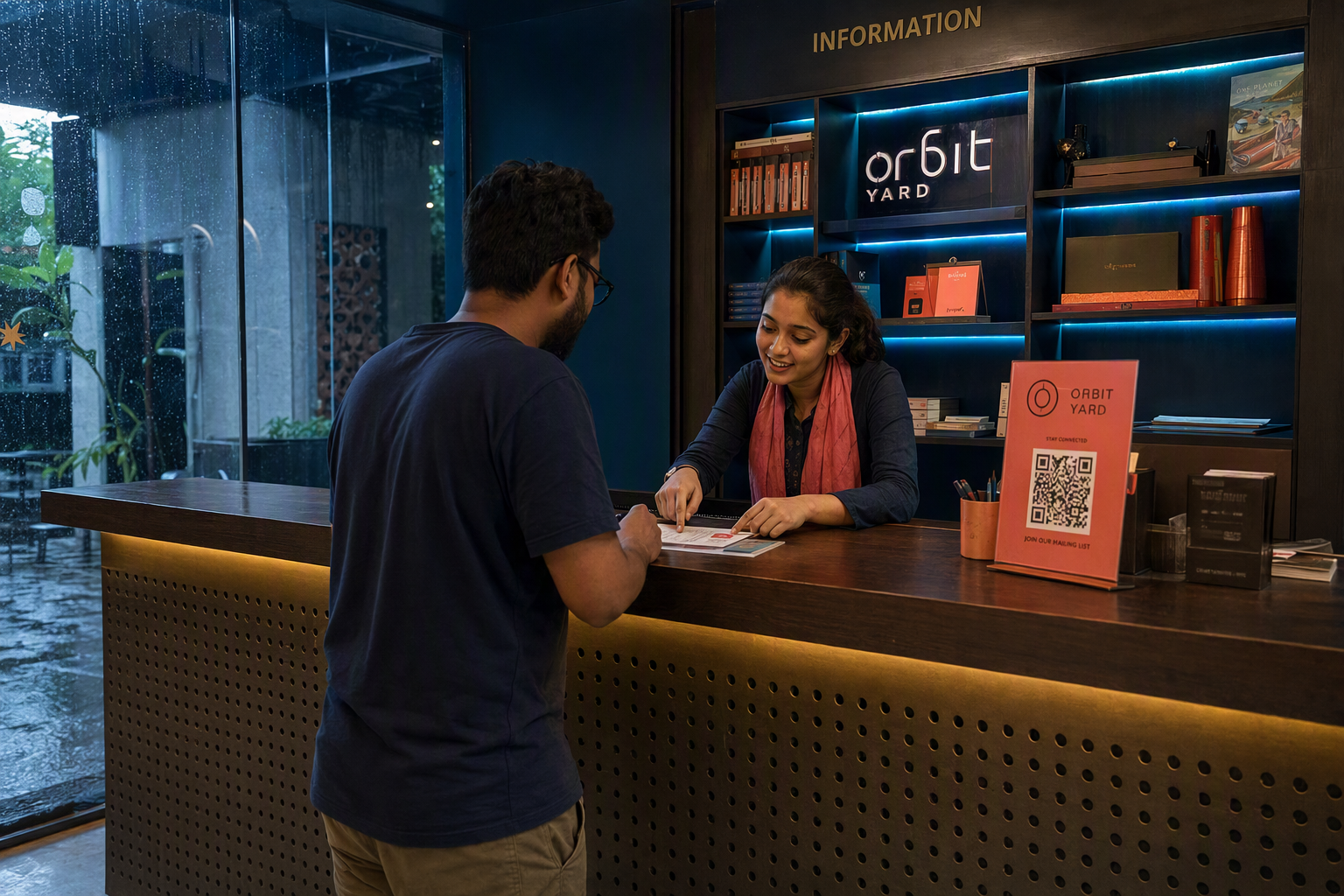A warmly lit information desk with maps, tactile samples, and a clear inquiry sign in an imagined science campus