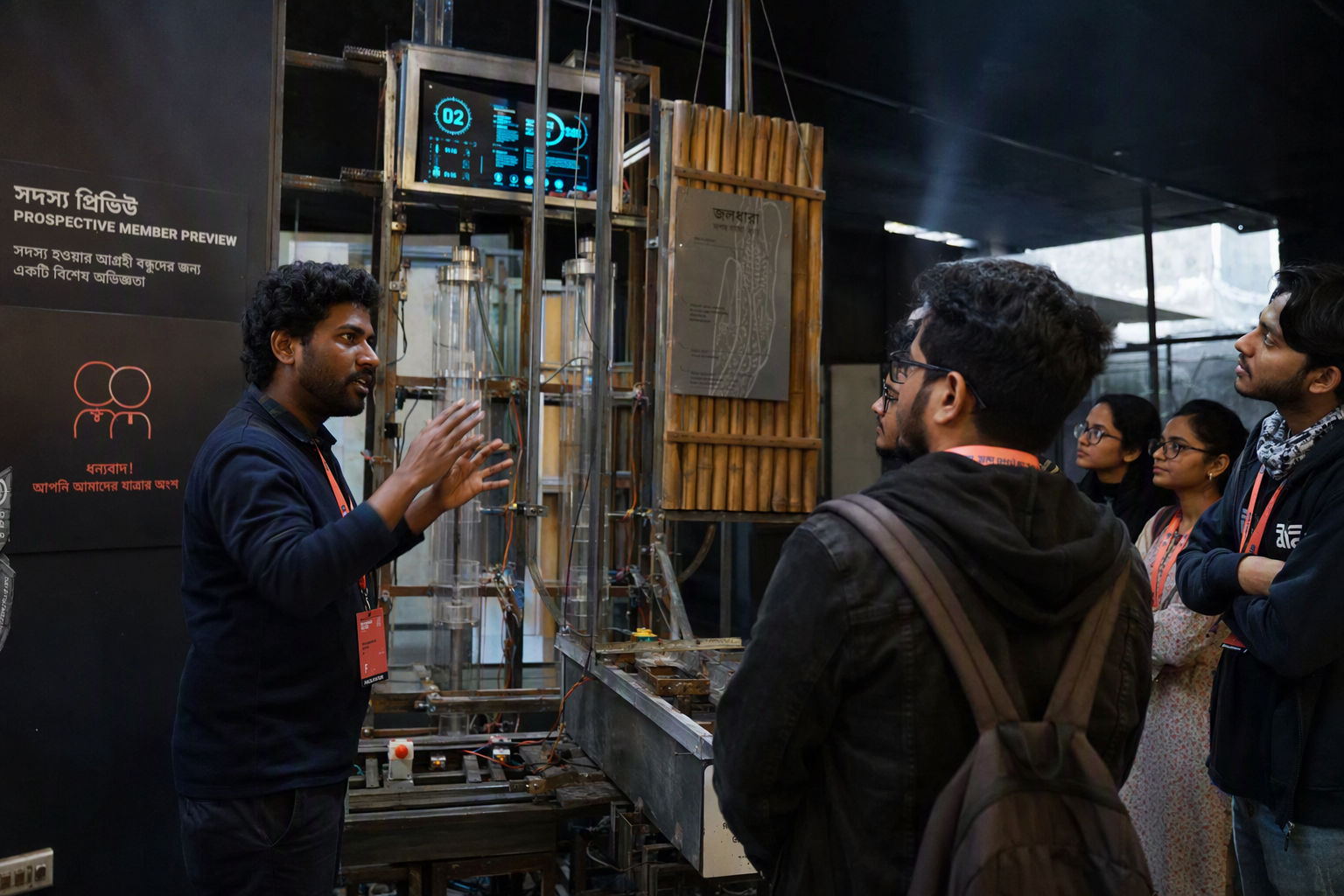 Visitors examining a membership preview booklet beside a small illuminated exhibit model