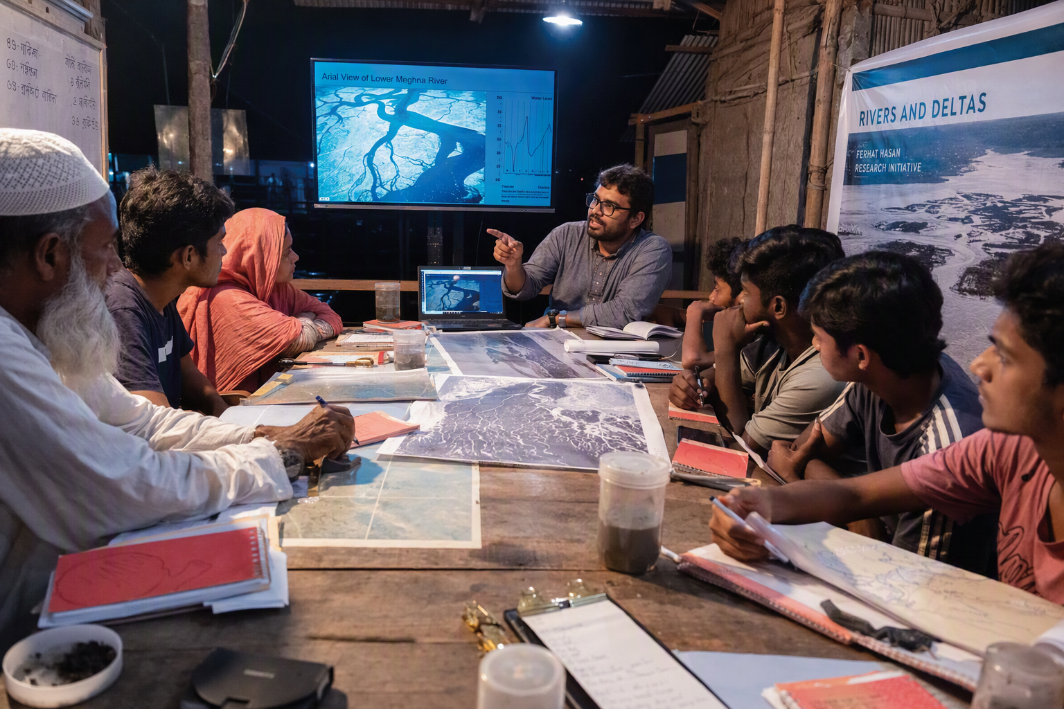 A researcher speaking beside a large illuminated map of Bangladesh's river delta while an audience studies changing data layers