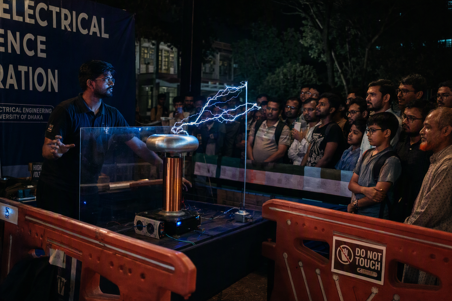 A science presenter creating branching purple electrical arcs inside a protected demonstration stage