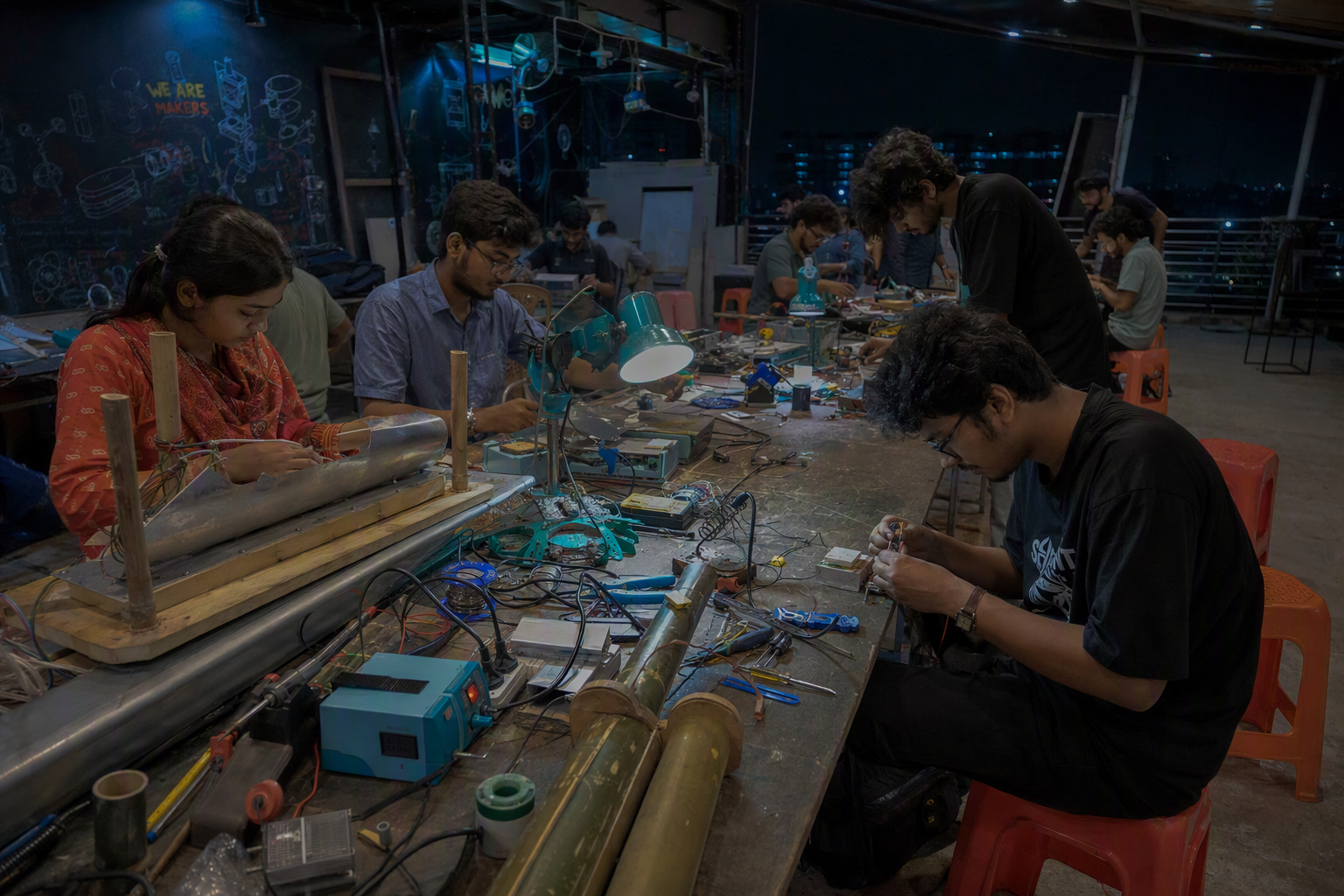Adult makers sharing electronics, textile, and bamboo prototypes across a long coral-lit communal worktable
