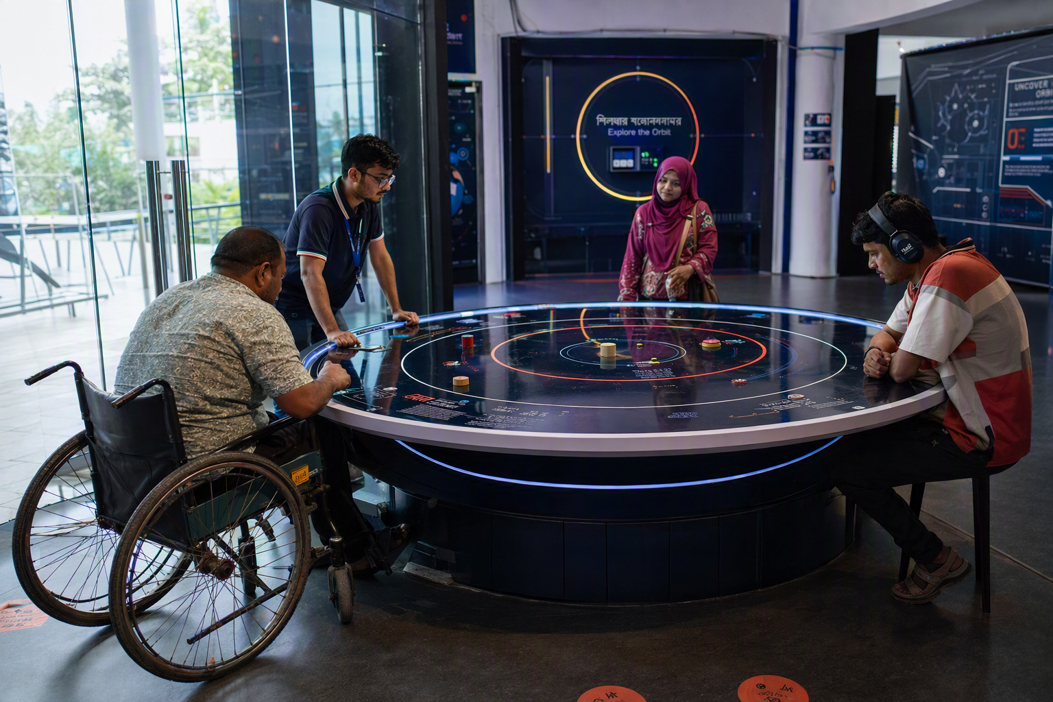 A small group exploring softly lit orbital models in a calm gallery with clear floor space and seating