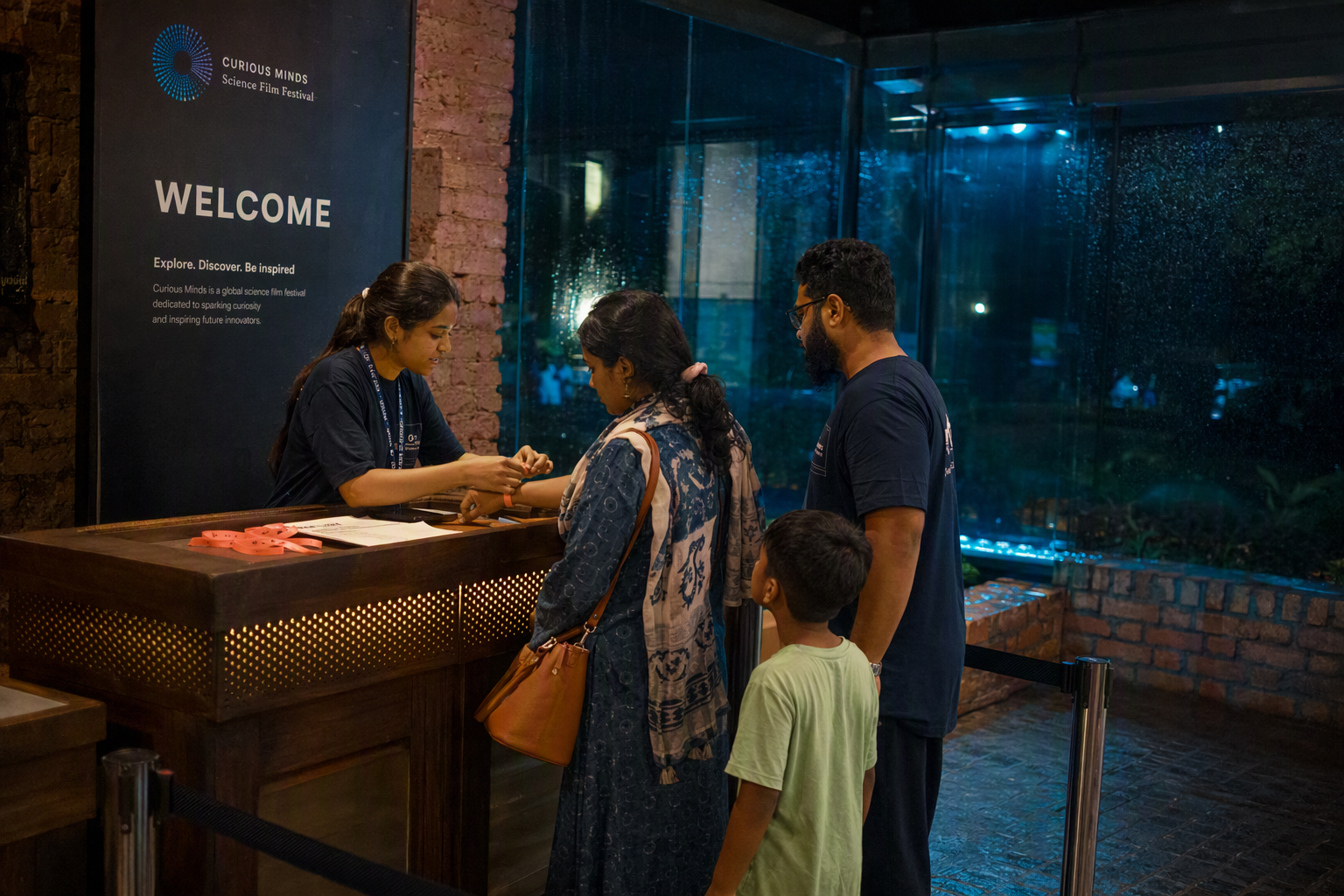 A welcoming staff member at an illuminated event desk with a visual schedule, hearing loop sign, and step-free route marker