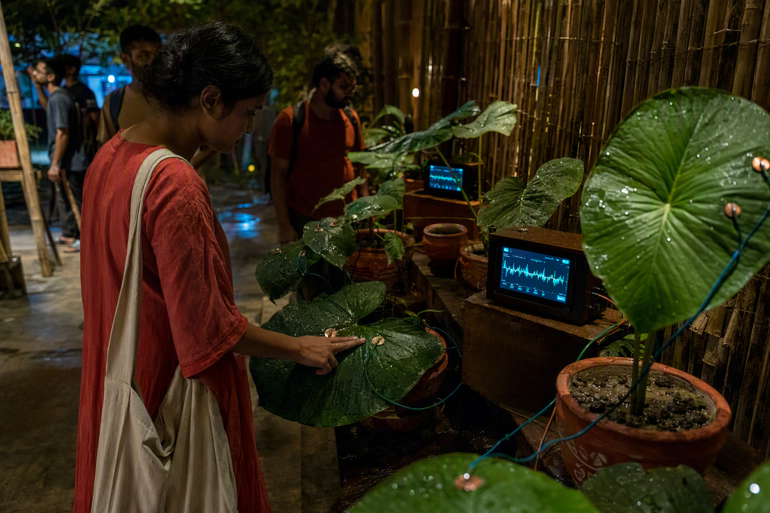 A visitor holding a sensor near broad leaves as plant signals glow across a garden display