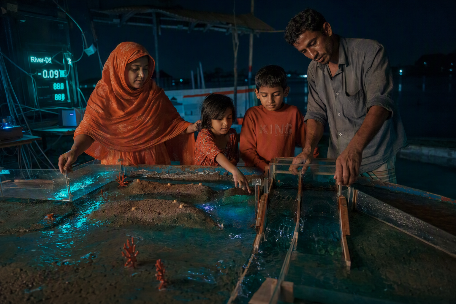 Hands rearranging illuminated river channels on a topographic delta table