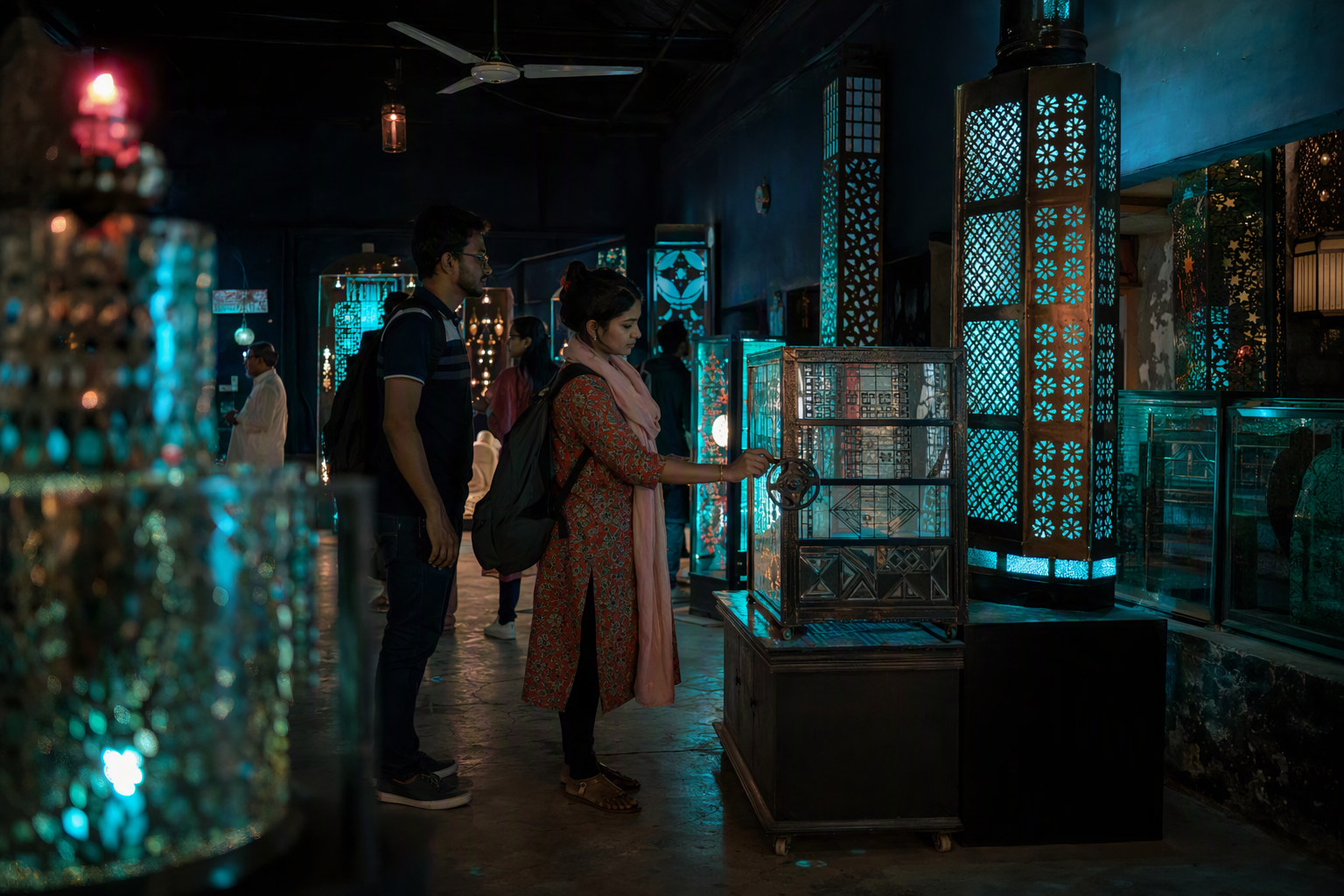 Visitors mixing colored beams through patterned glass at a bright optical market stall