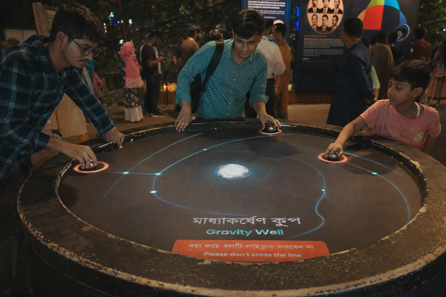 Visitors rolling luminous spheres around a curved table to create stable orbital paths