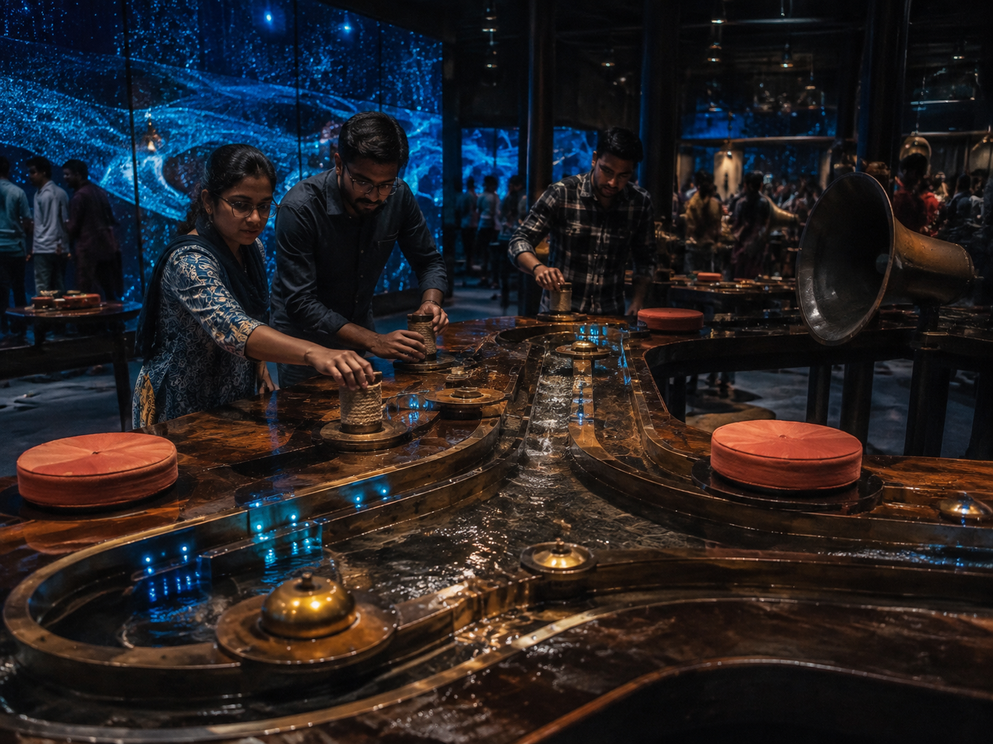 Families touching a long rippling instrument that turns hand movement into waves of sound