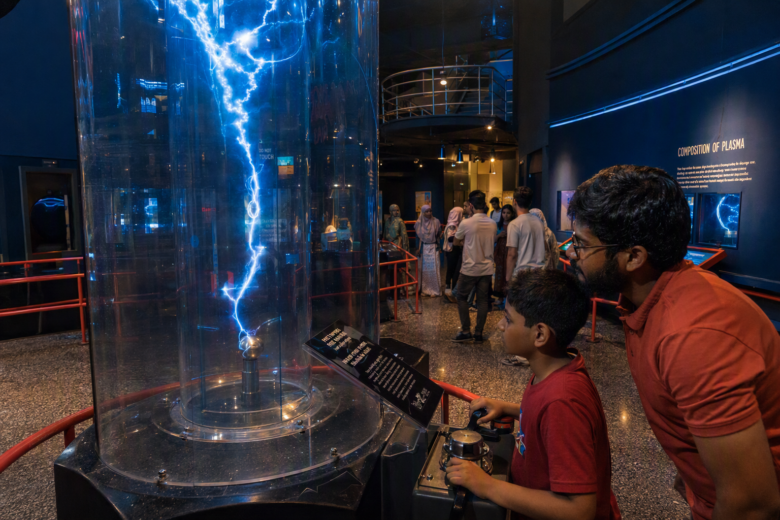 Visitors gathering around a glowing plasma experiment in a large, dark blue gallery