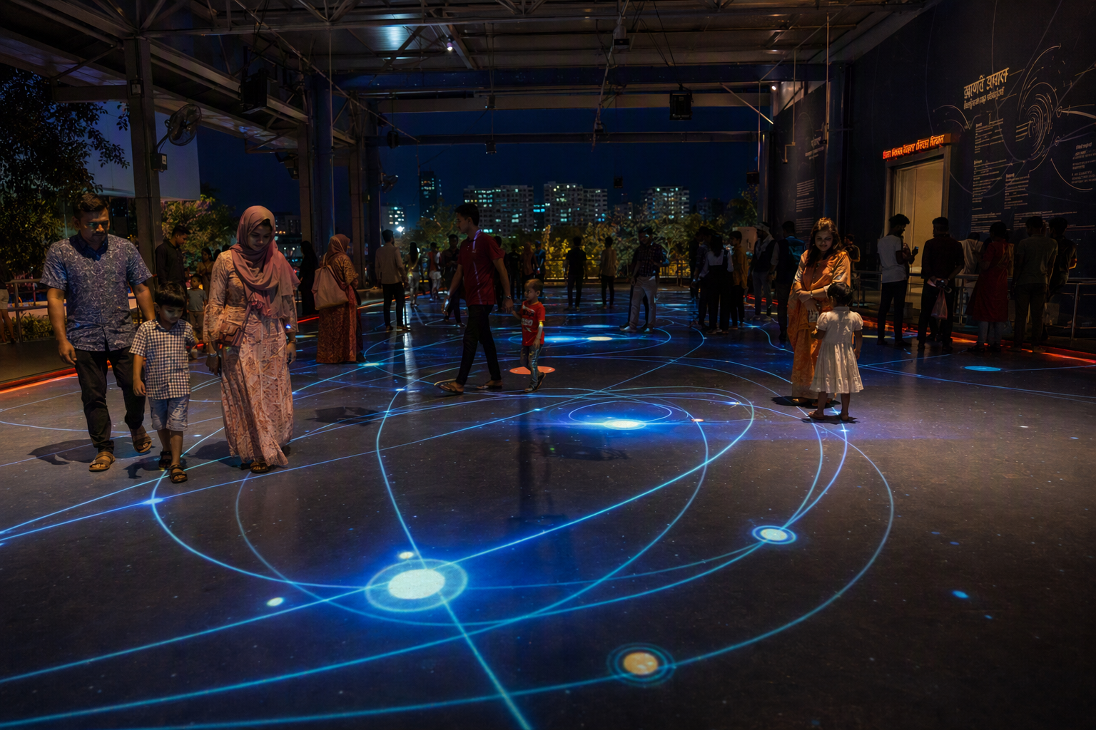 A group moving across a responsive floor while projected planets settle into luminous orbital paths
