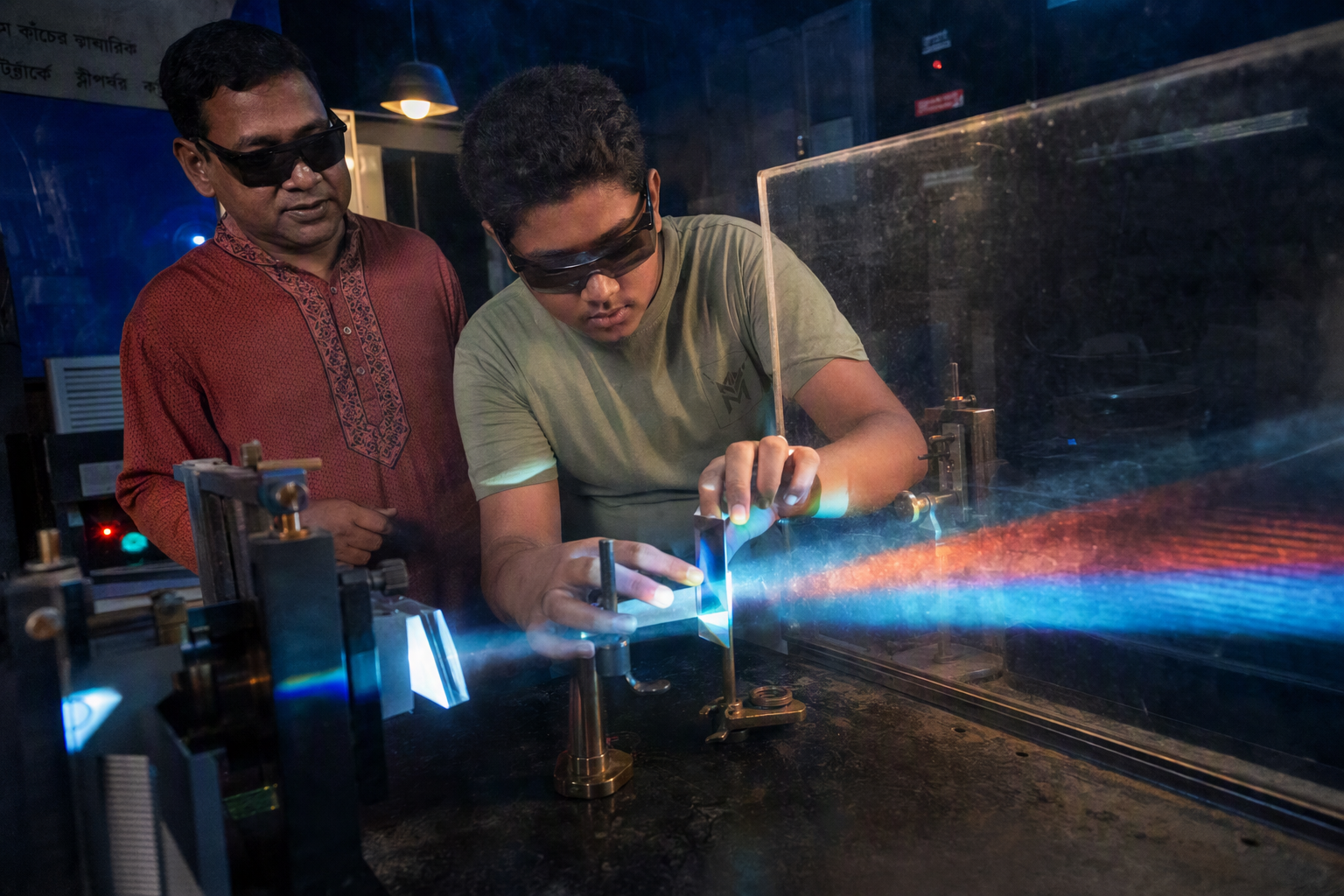 A visitor rotating a prism wheel as bands of colored starlight spread across the Spectrum Forge