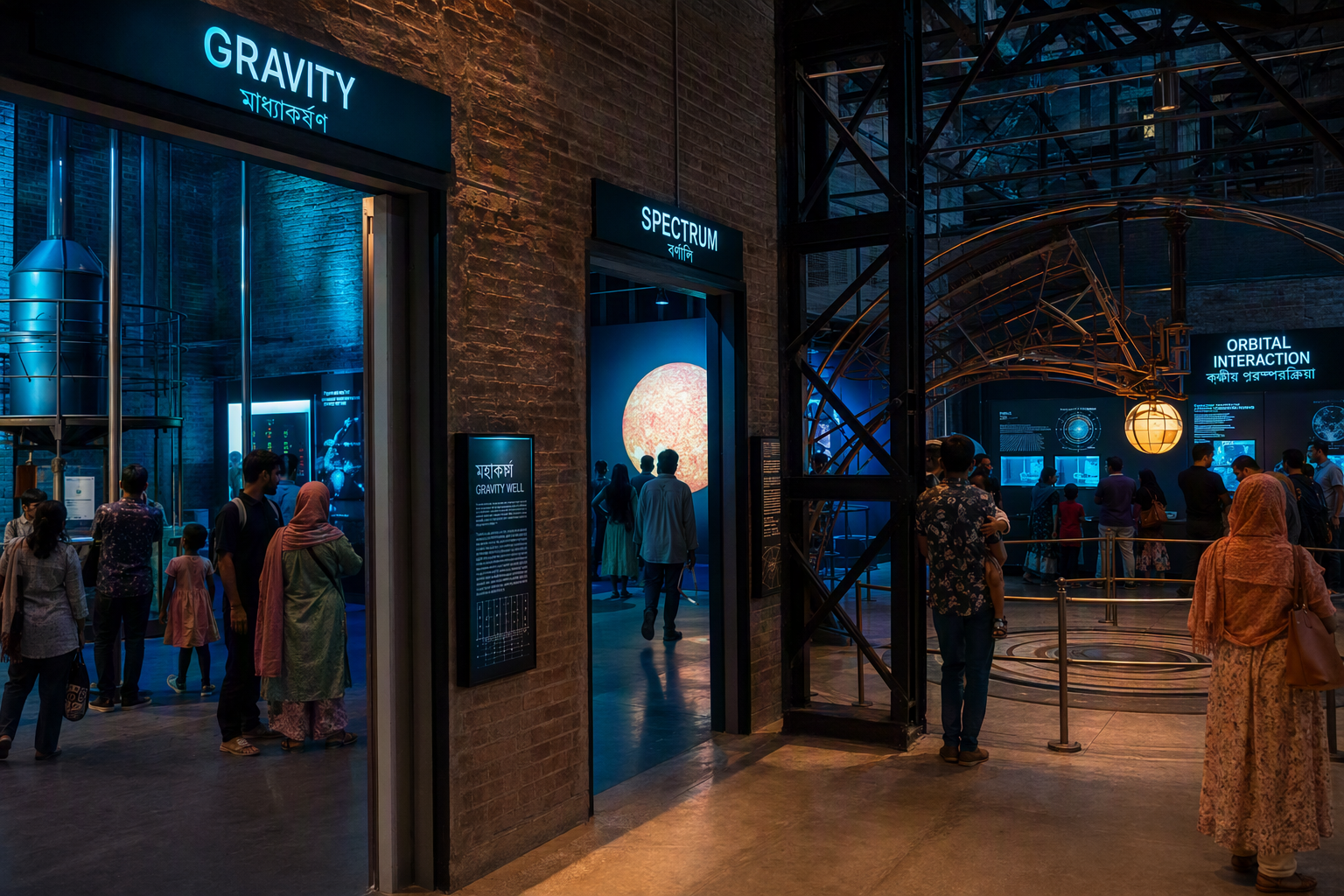 Visitors standing inside Cosmic Foundry as luminous orbital rings sweep around a dark circular chamber