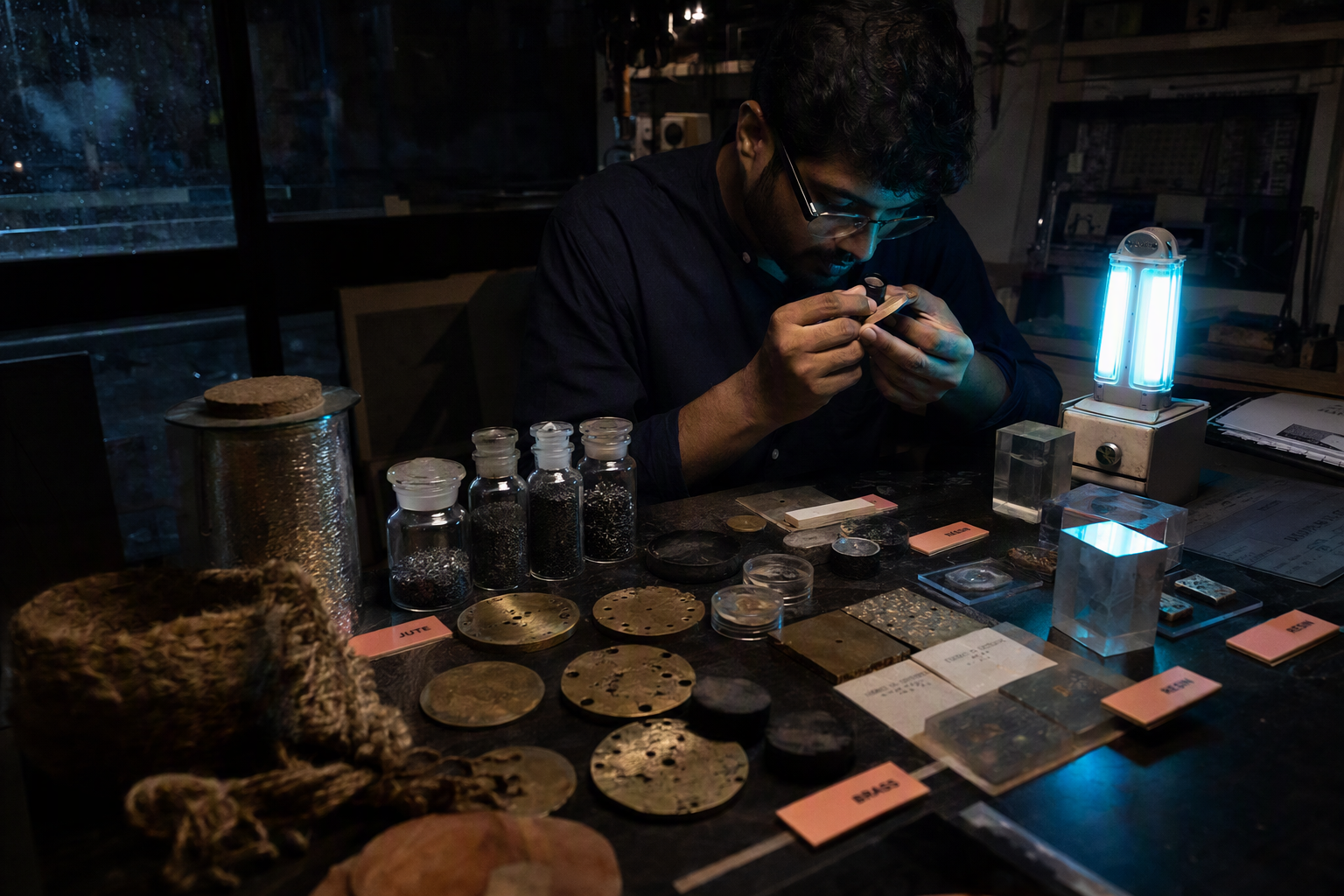 Close view of translucent colored discs, woven metal threads, and textured stellar material tokens on a worktable