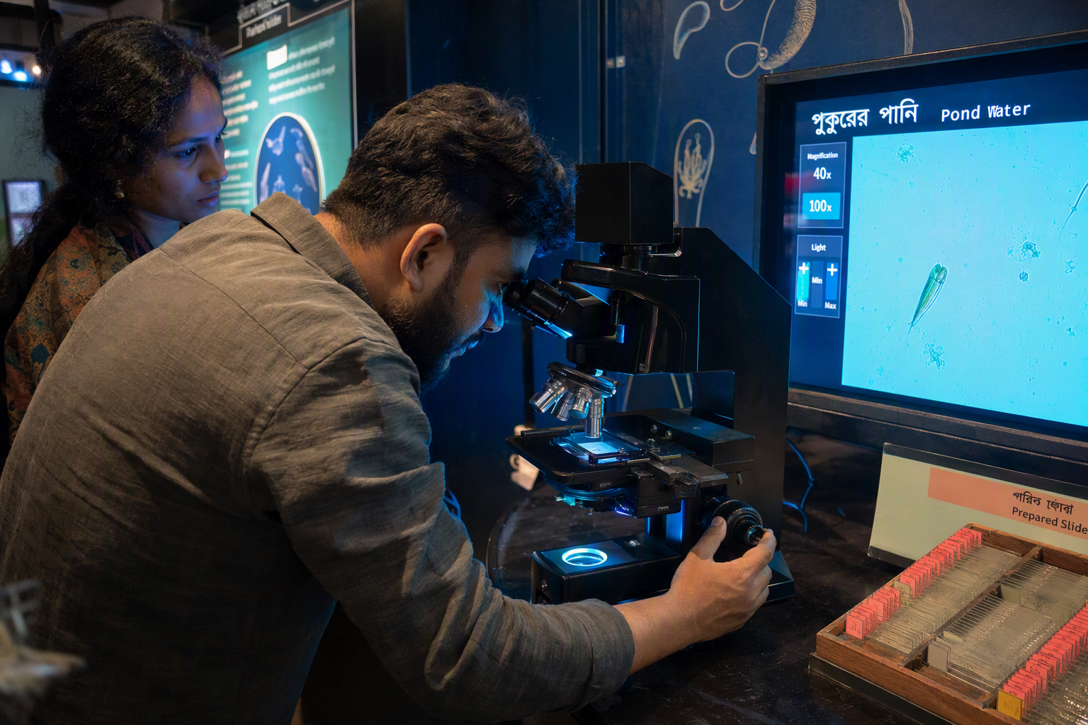 Magnified cells and fibers displayed above the shared digital microscope in Micro Worlds