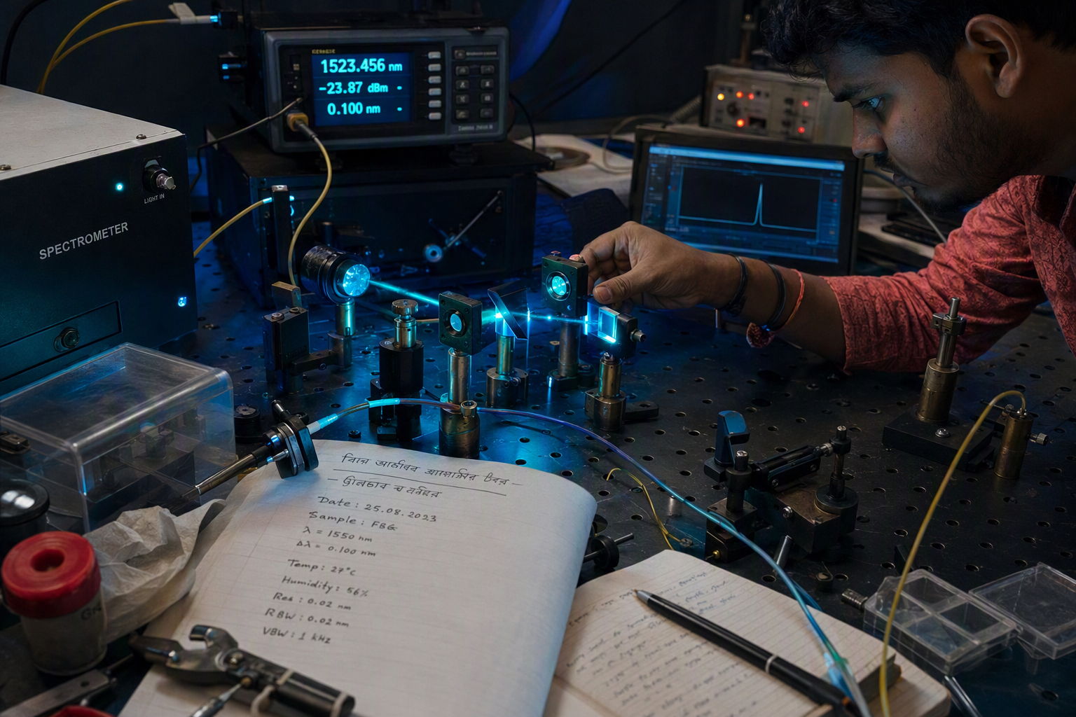 Prisms, diffraction gratings, gas tubes, and labeled color spectra arranged on a dark optical workbench