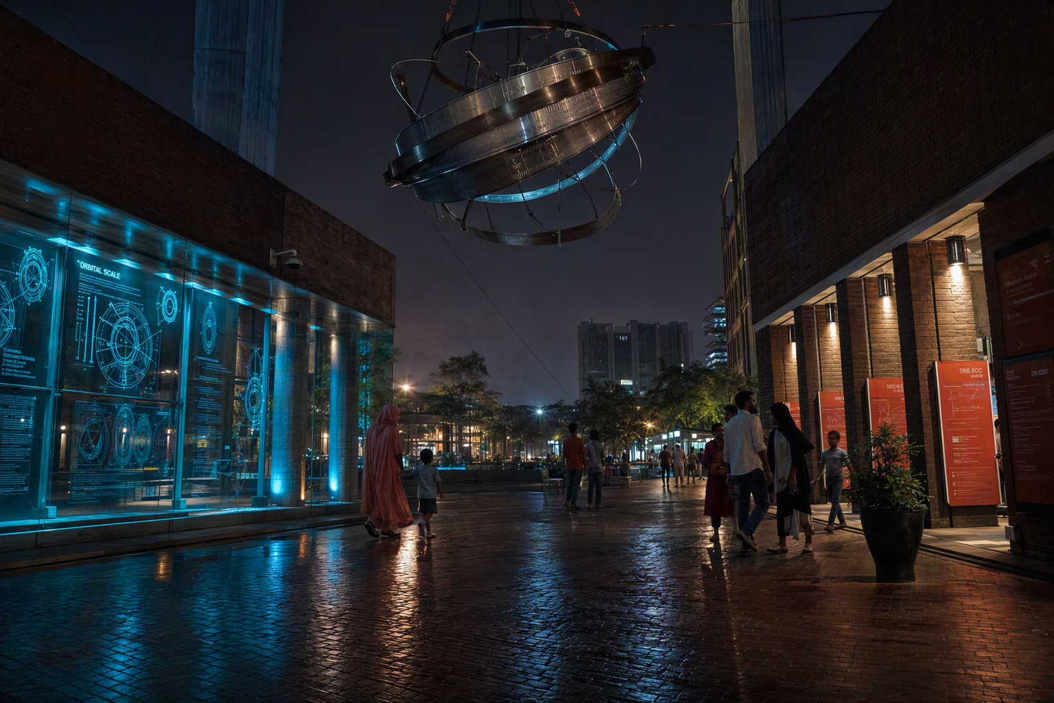 Families and young makers explore a luminous open science court at night, framed by cyan instruments and warm coral light