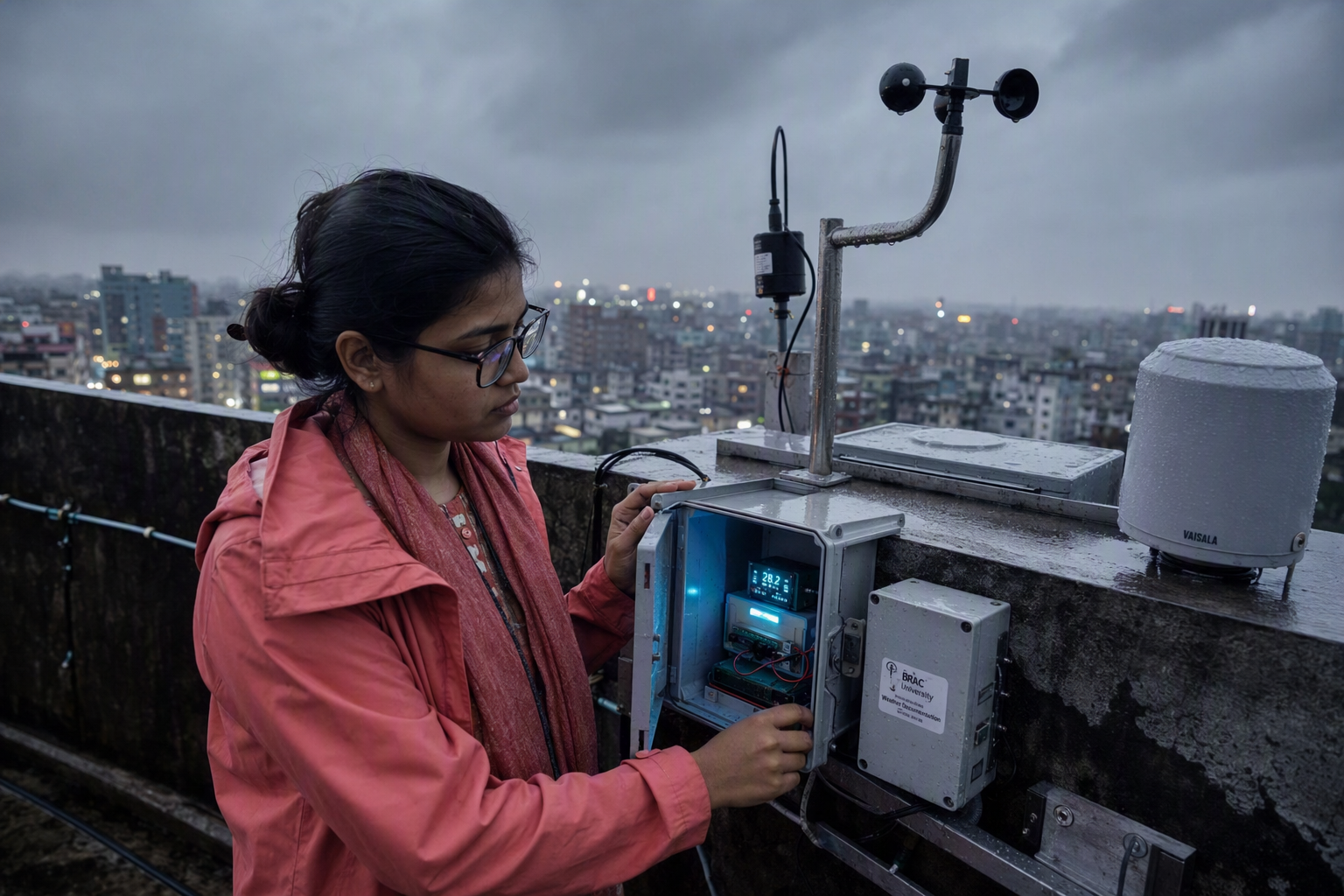 Rain gauges and small cyan sensor housings fixed along a Dhaka rooftop parapet