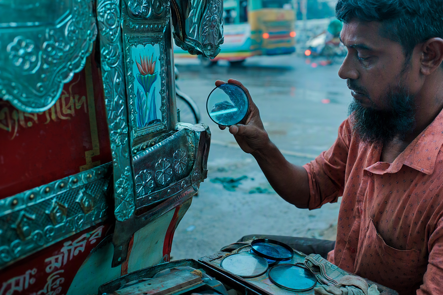 Colored reflections break across the polished metal and painted canopy of a cycle rickshaw