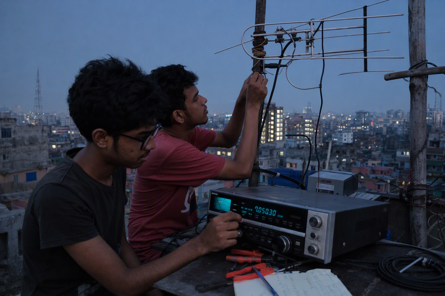 A handmade radio antenna and notebook on a rooftop under a violet evening sky