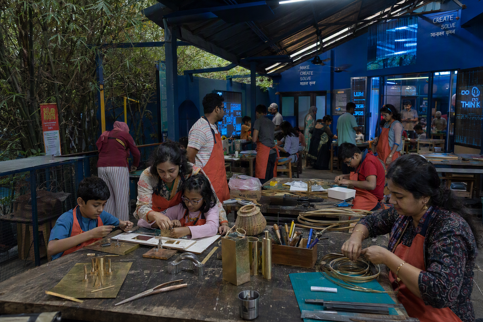 A multigenerational group builds a bamboo-and-circuit structure in an open maker hall