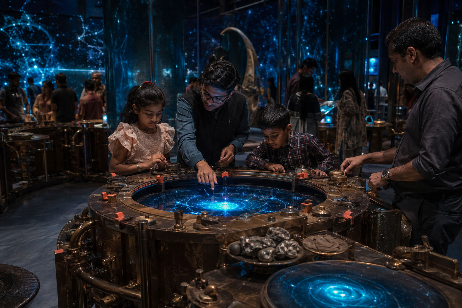 Visitors guide suspended points of cyan light across a dark circular gallery