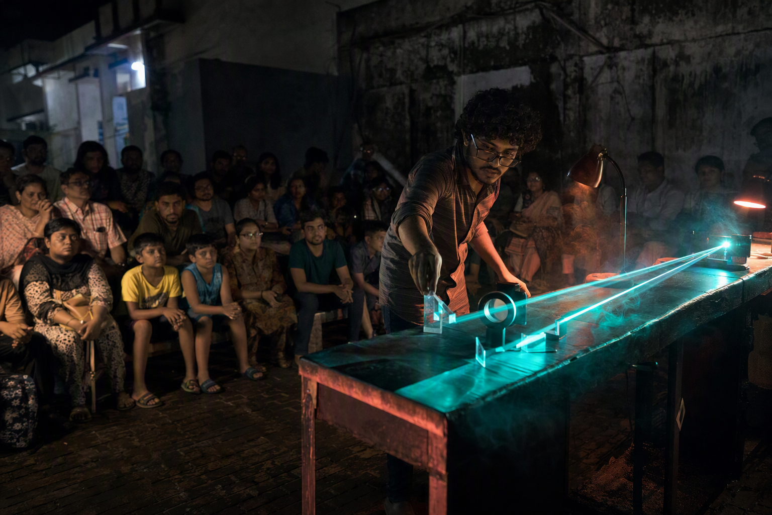 A science presenter creates branching electric arcs before a seated evening audience