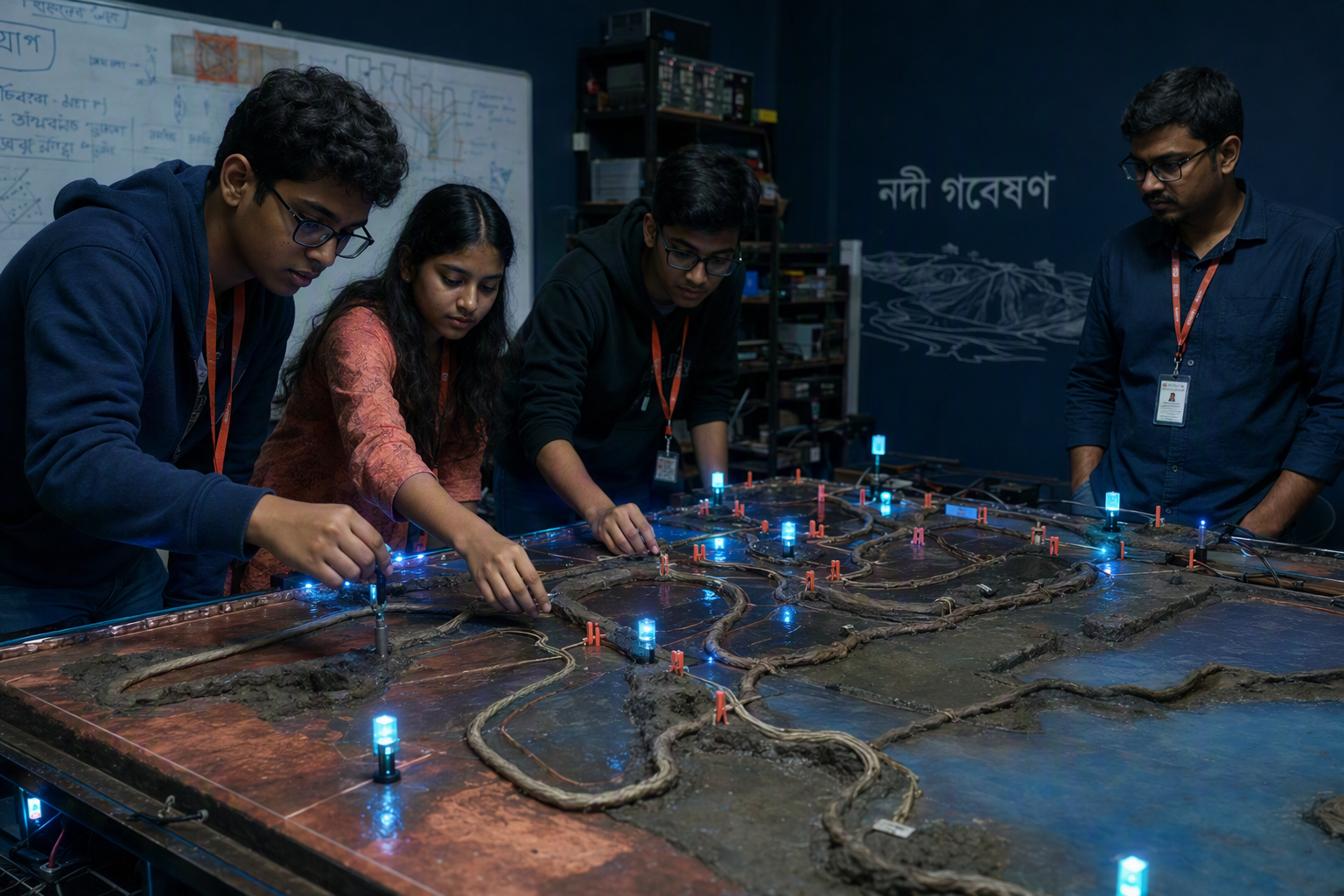 Young makers connect blue sensors and copper wire on a long workshop table