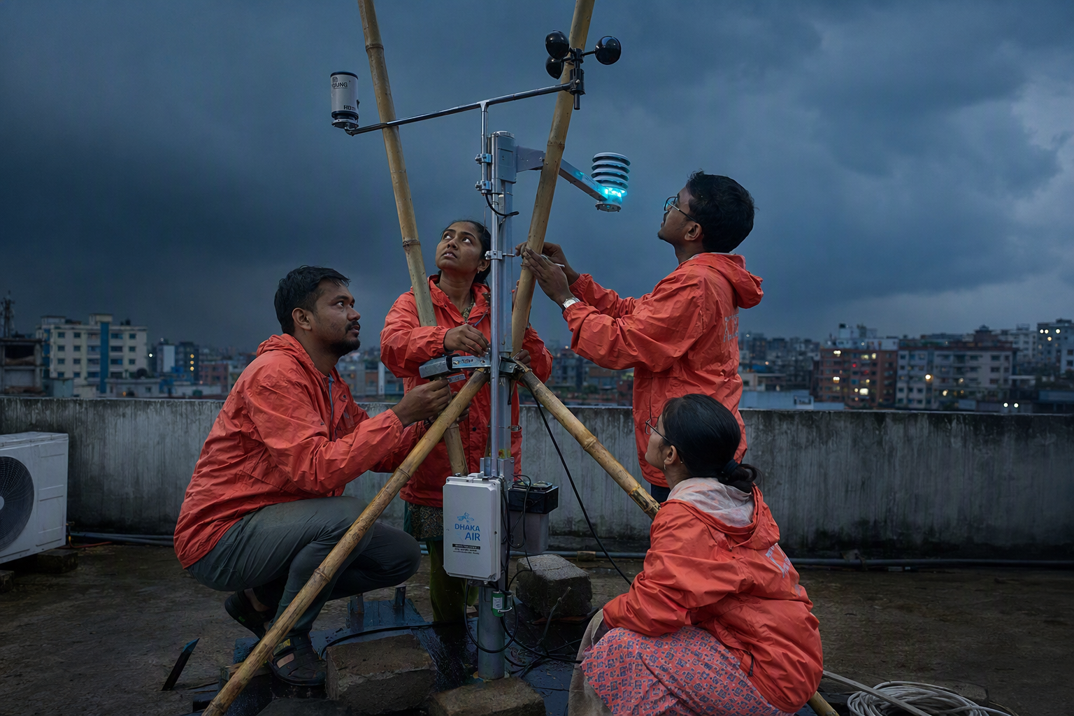 Three makers securing a compact weather station to a rooftop frame while checking its level and clear view of the sky