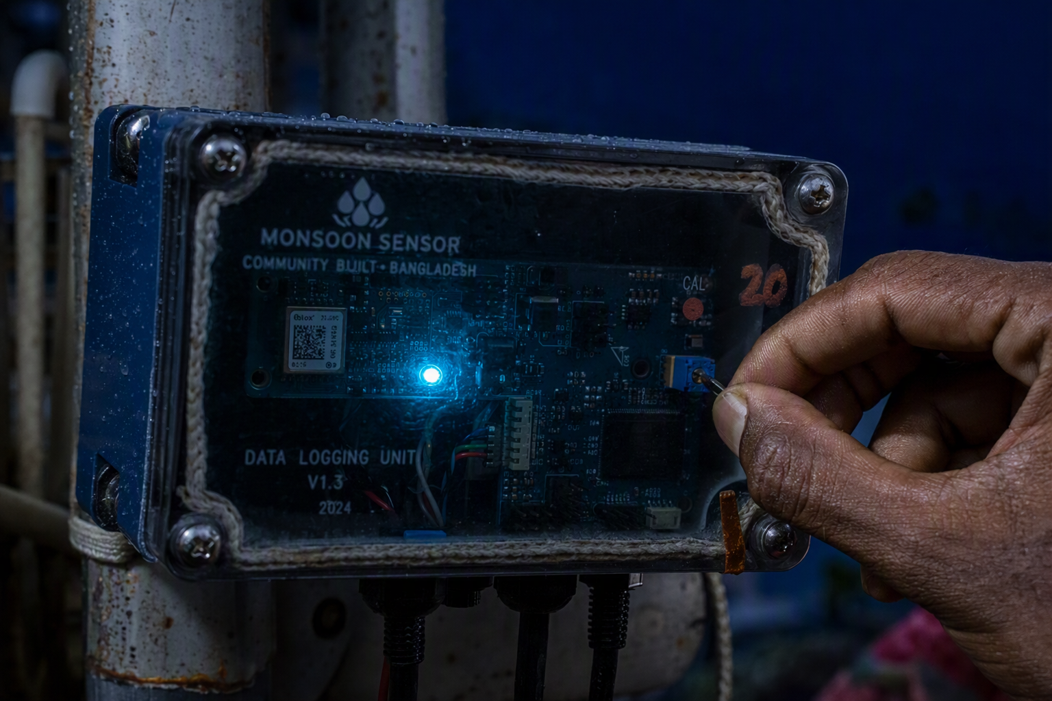 Close view of a handmade tipping-bucket rain sensor with labeled wires, a small circuit board, and water droplets