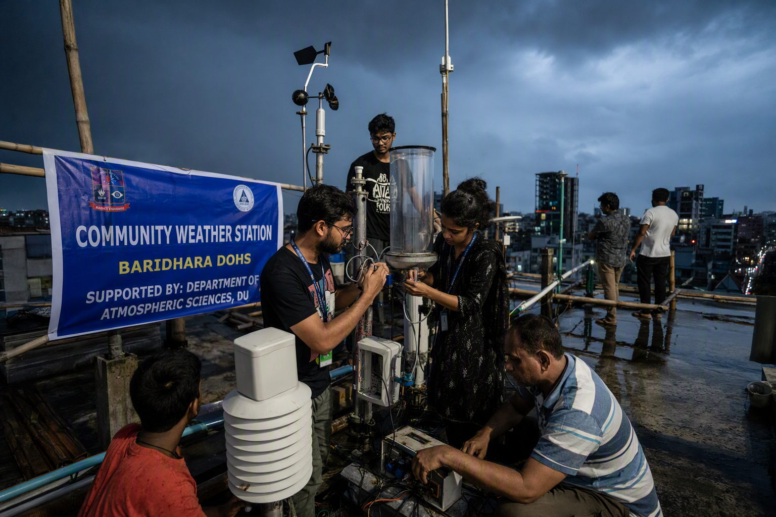 A row of community-built rain and humidity instruments operating on rooftops beneath monsoon clouds
