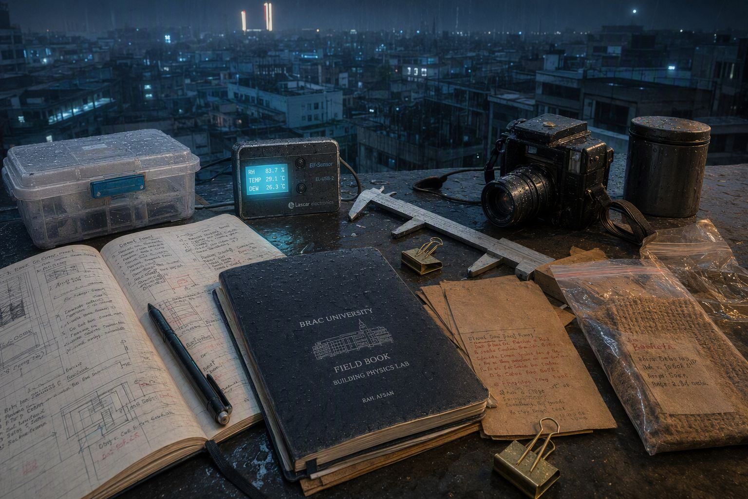 Rain-speckled field notebooks, hand-built sensors, wires, and measuring tools arranged beside a Dhaka window