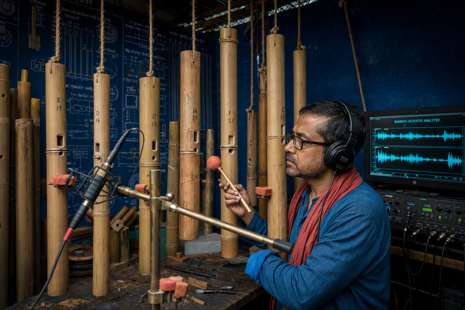 Bamboo tubes of different lengths arranged for an acoustic resonance experiment
