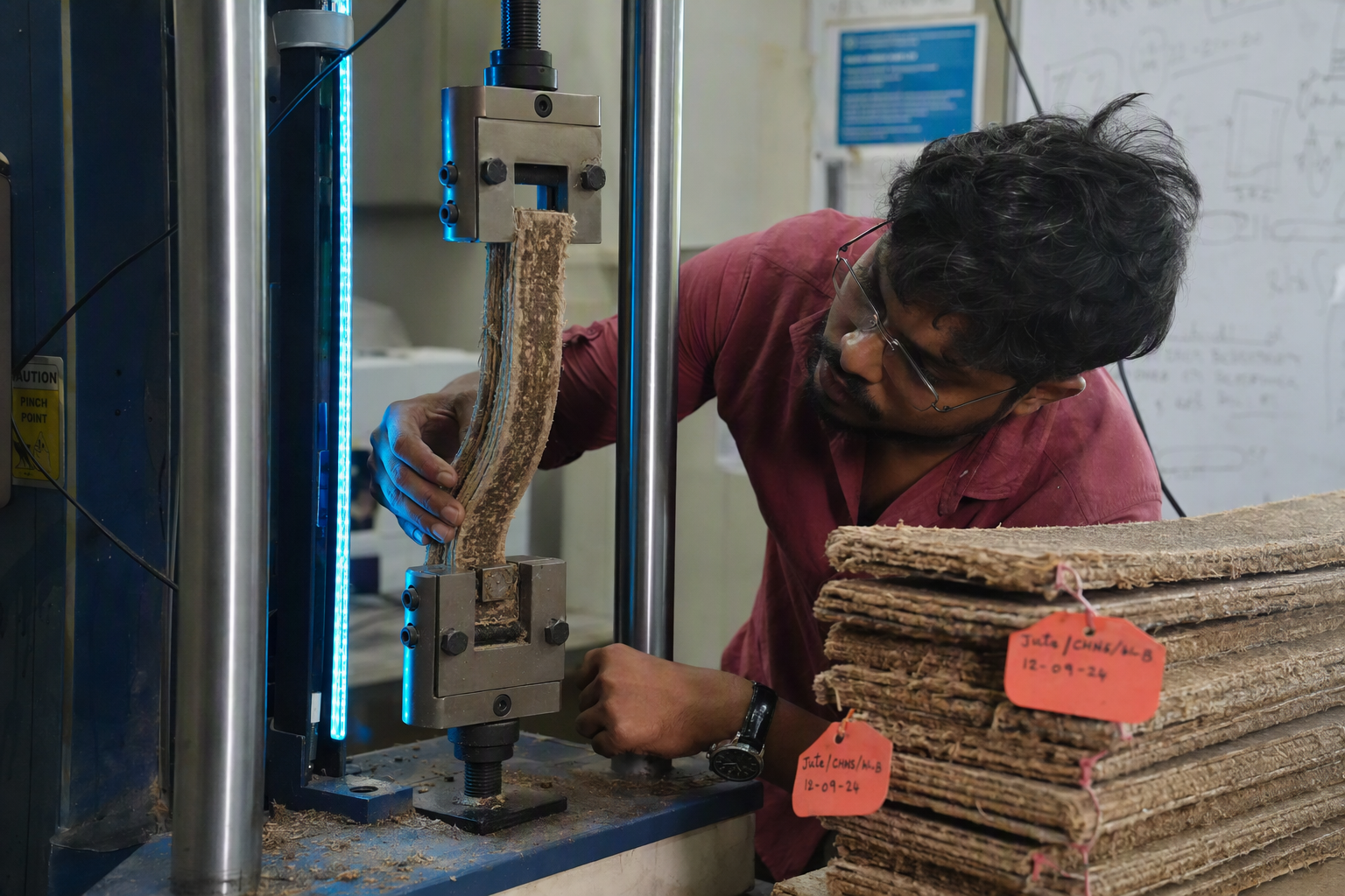 Woven jute fibers, resin samples, and curved composite test pieces laid out for inspection