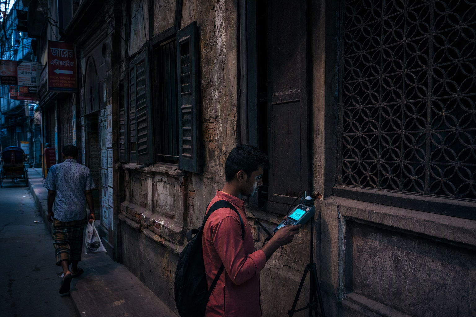 Strong afternoon shadows forming geometric patterns across balconies and lanes in Old Dhaka