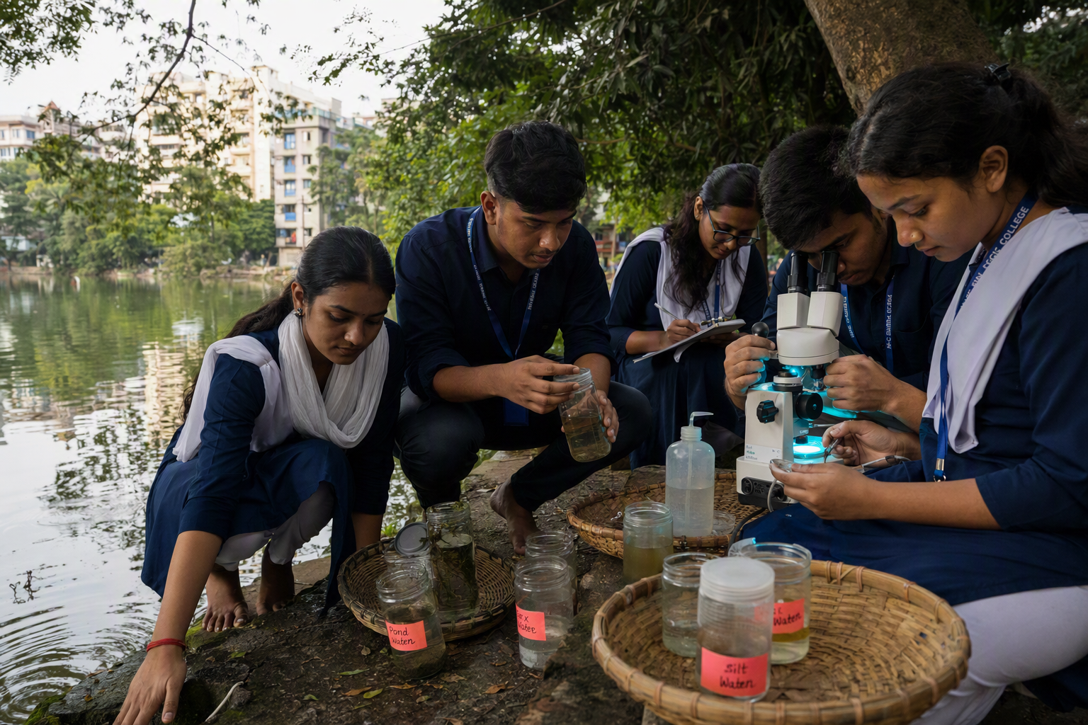 Students using portable microscopes to examine pond-water samples in clear dishes