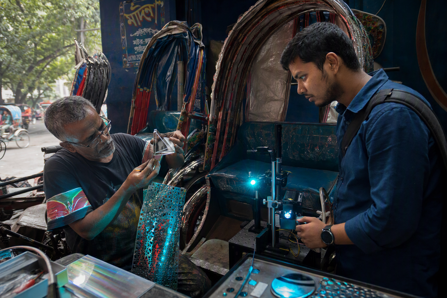 Colored light reflecting through painted rickshaw panels and small glass prisms on a workshop table
