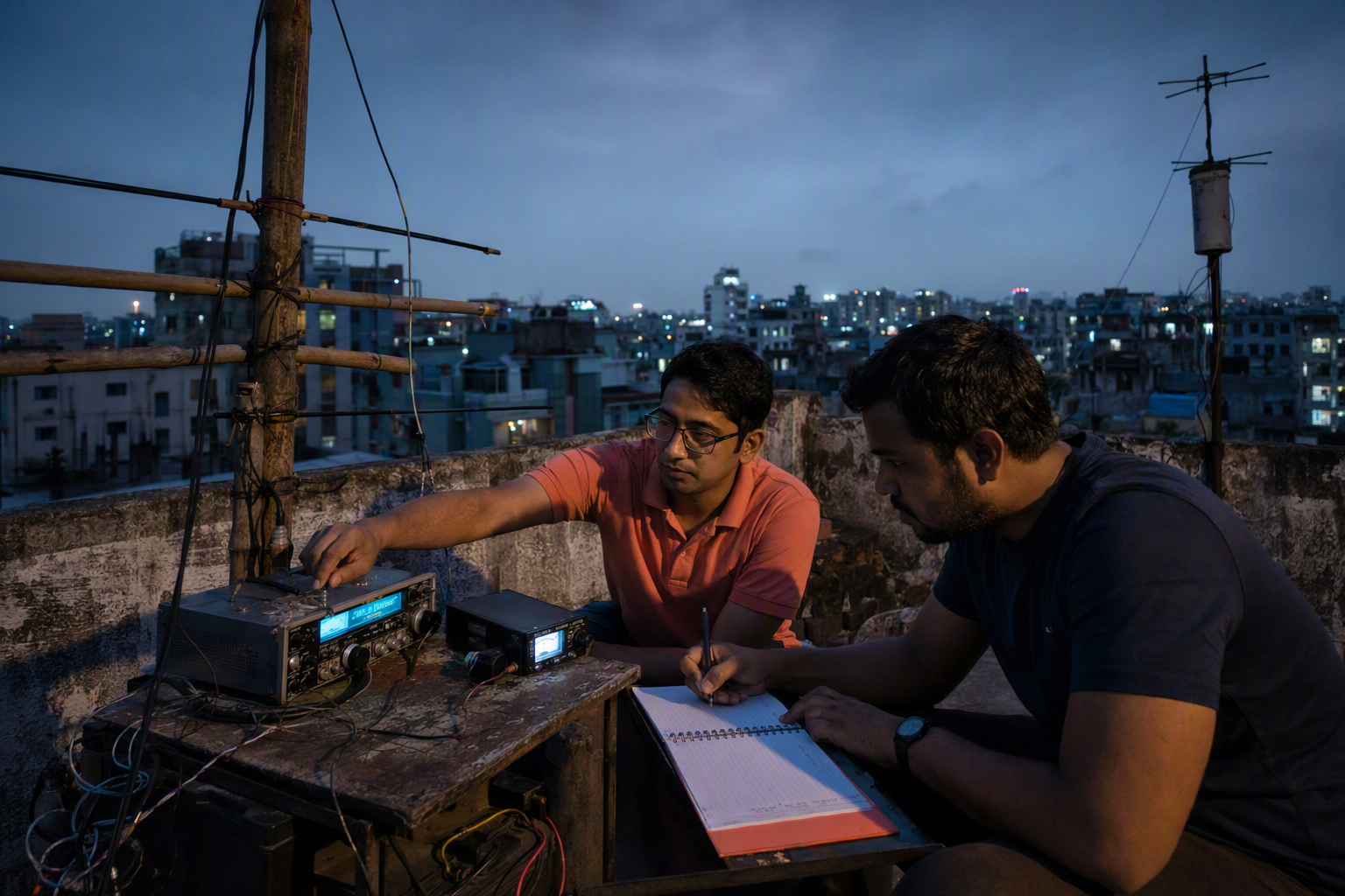 A compact handmade radio antenna being tested on a rooftop at dusk above the city skyline