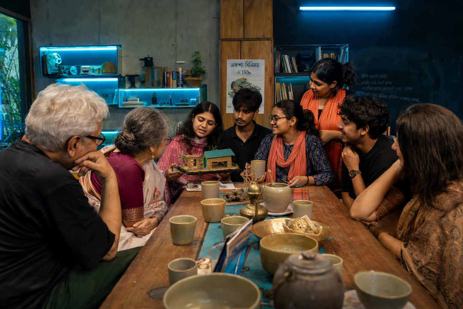 Members, facilitators, and researchers sharing prototypes around a long community table
