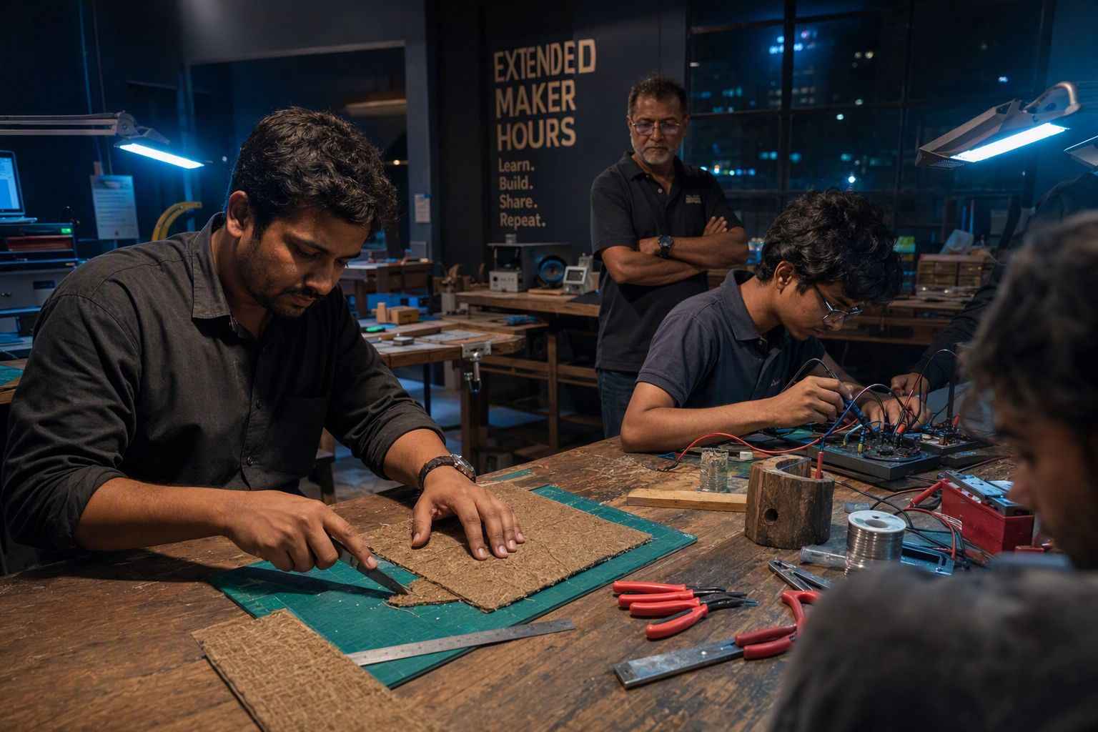 A member soldering a small sensor board at a supervised maker bench