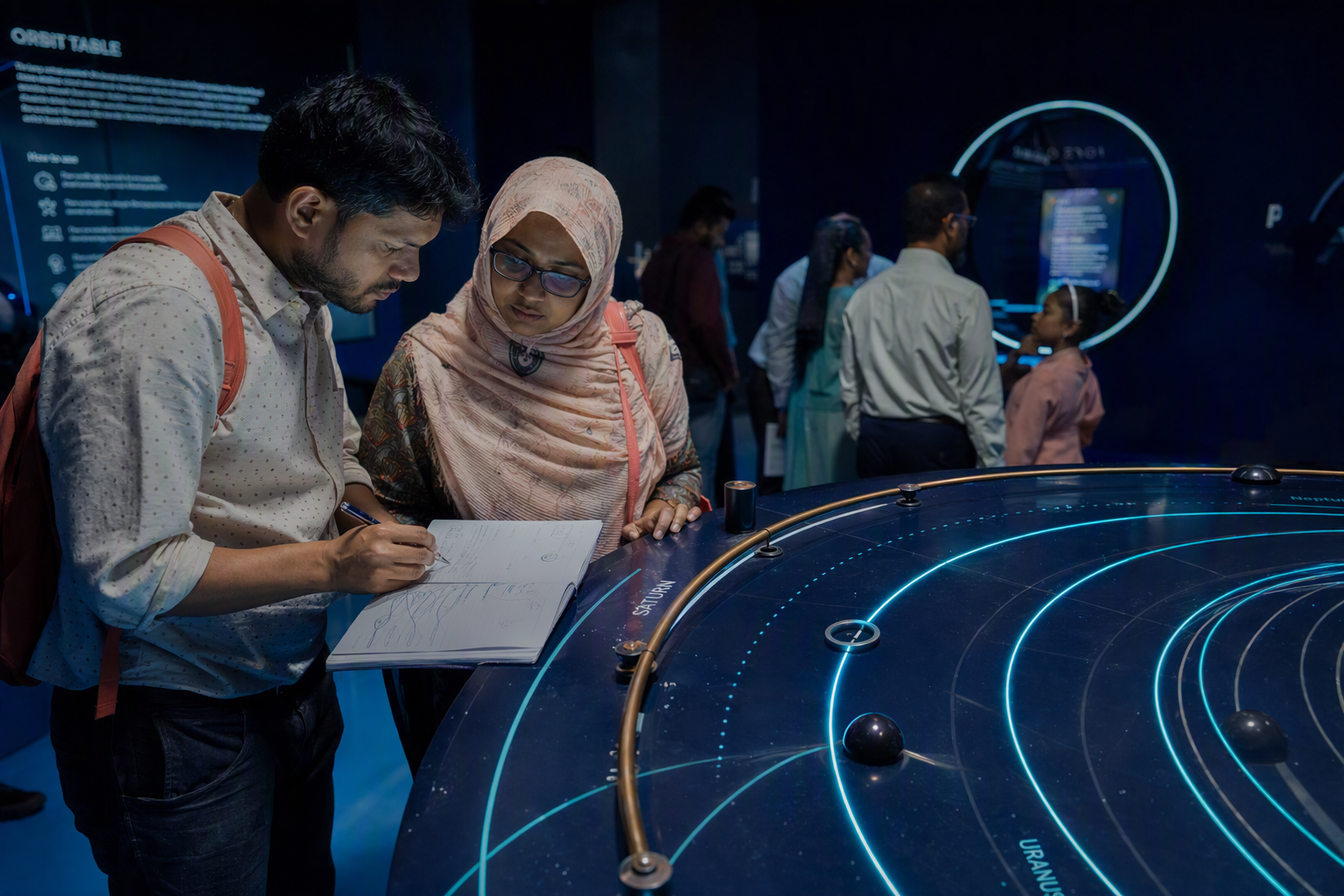 A parent and child revisiting a glowing orbital table and comparing new observations