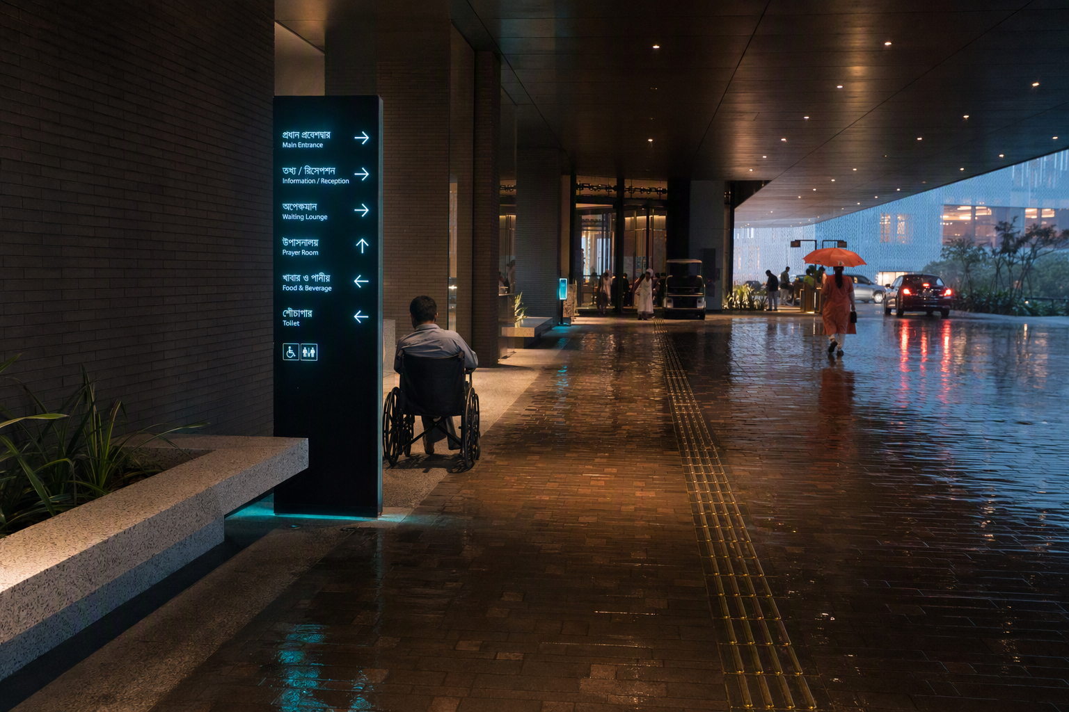 Families waiting in a wide covered court with seating, drainage channels, and clear cyan entry signs