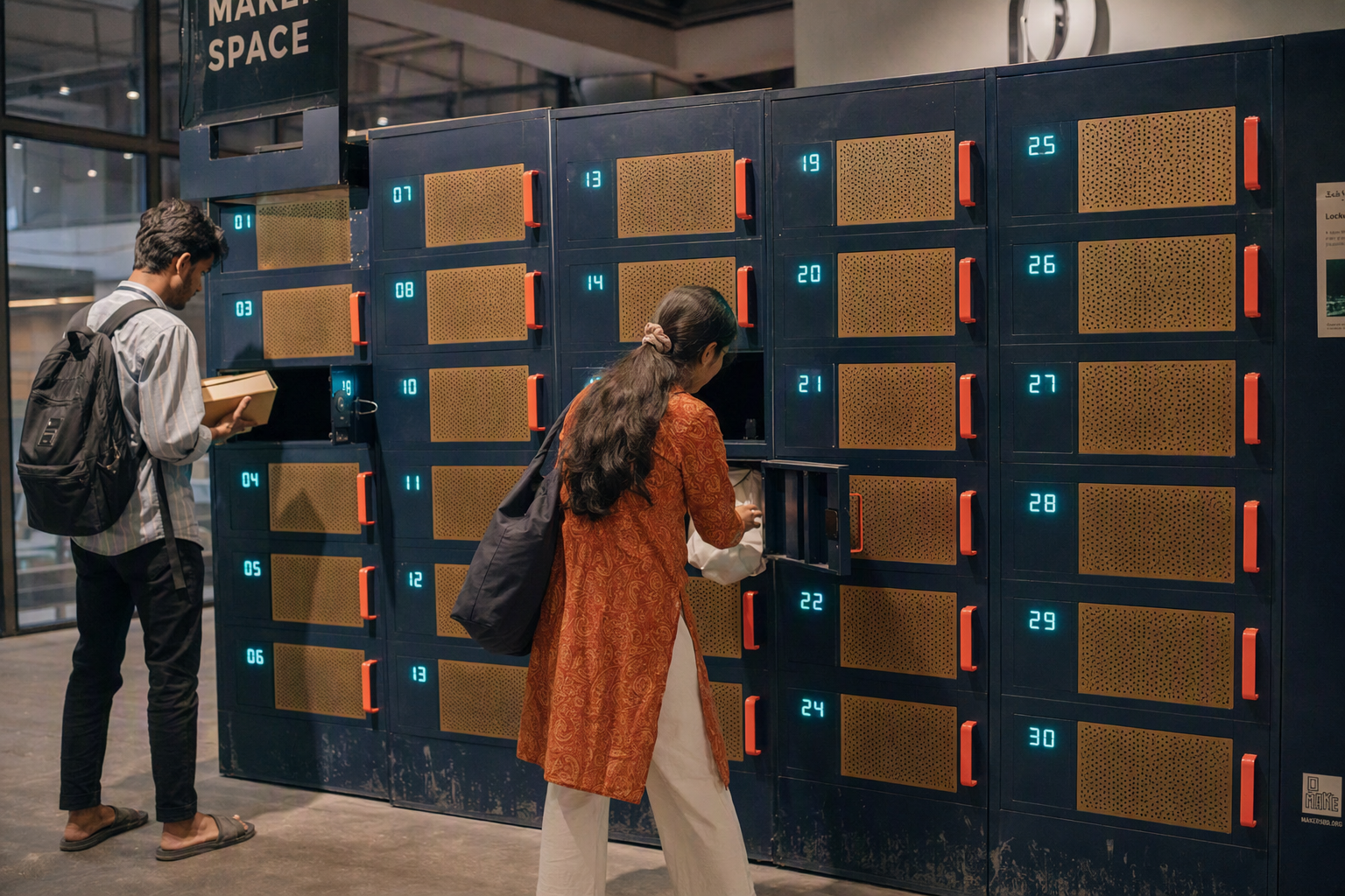Numbered day lockers beside a staffed material check-in desk with tool trays
