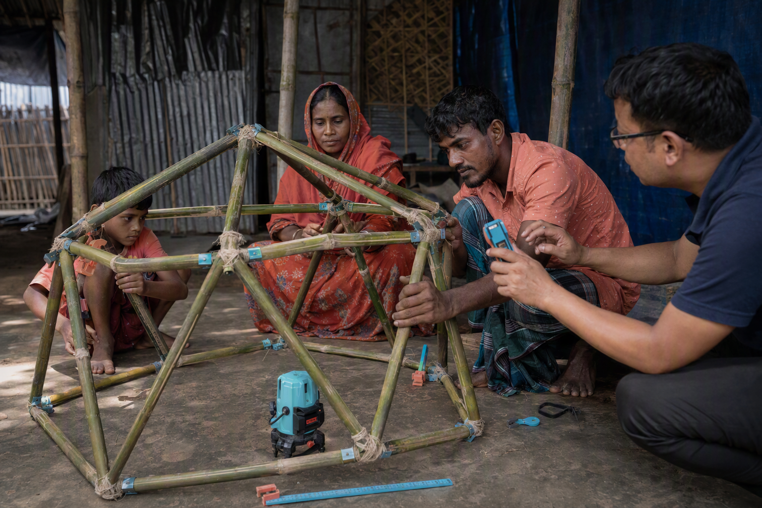 University-age makers joining slender bamboo strips into a lightweight arched structure on a workbench