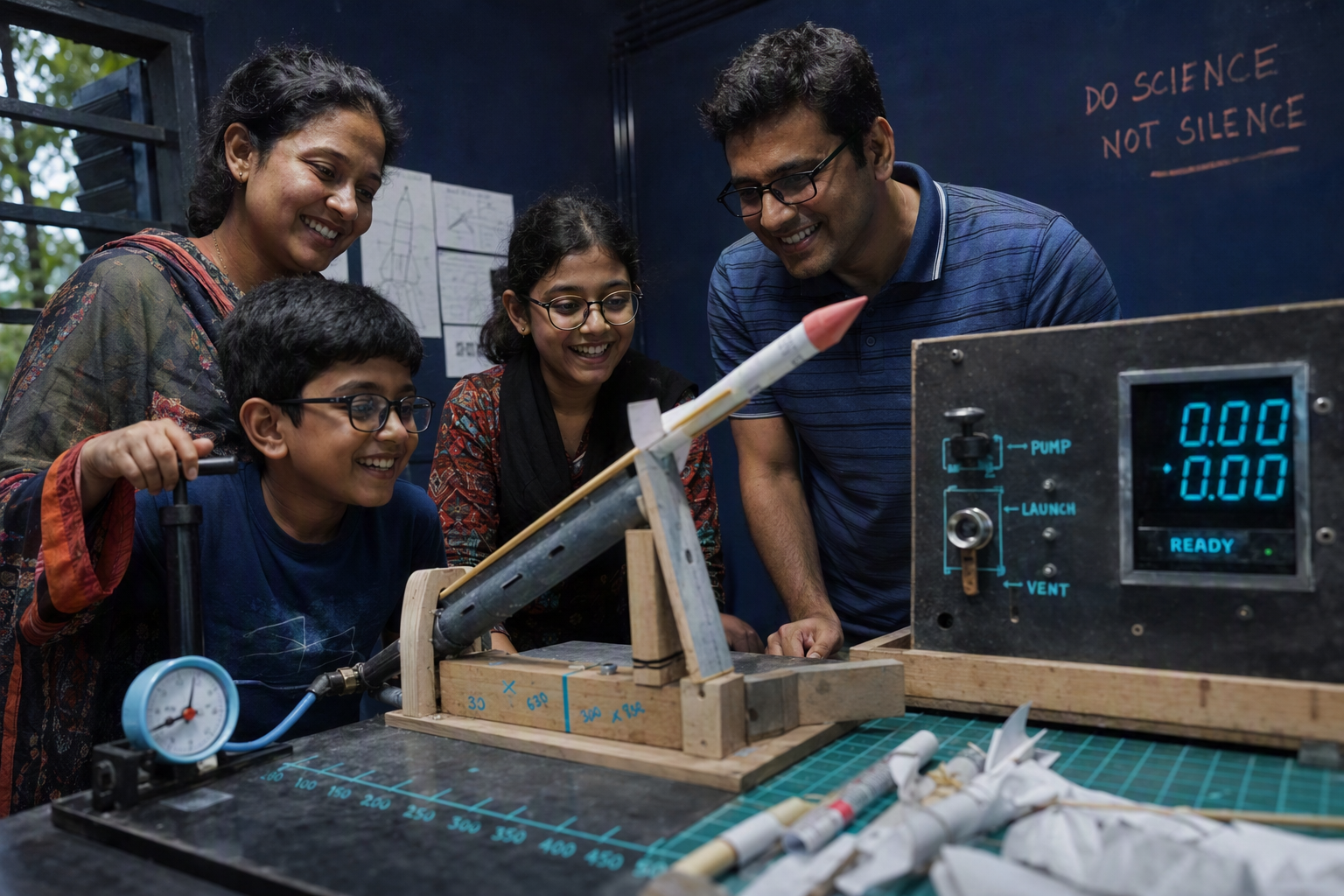 A family adjusting fins on a colorful air-powered paper rocket at an indoor launch range