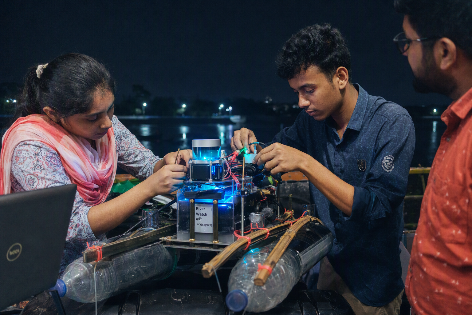 Young makers testing a small wheeled river-monitoring robot in a shallow blue water channel