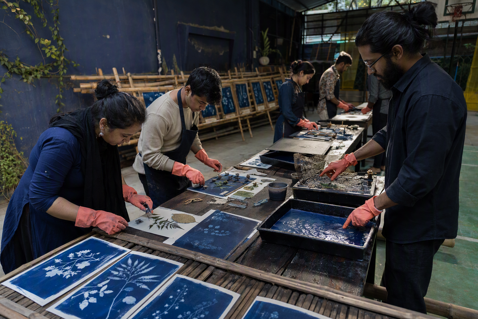 Participants arranging leaves and geometric stencils on blue solar-print paper beside a sunlit window