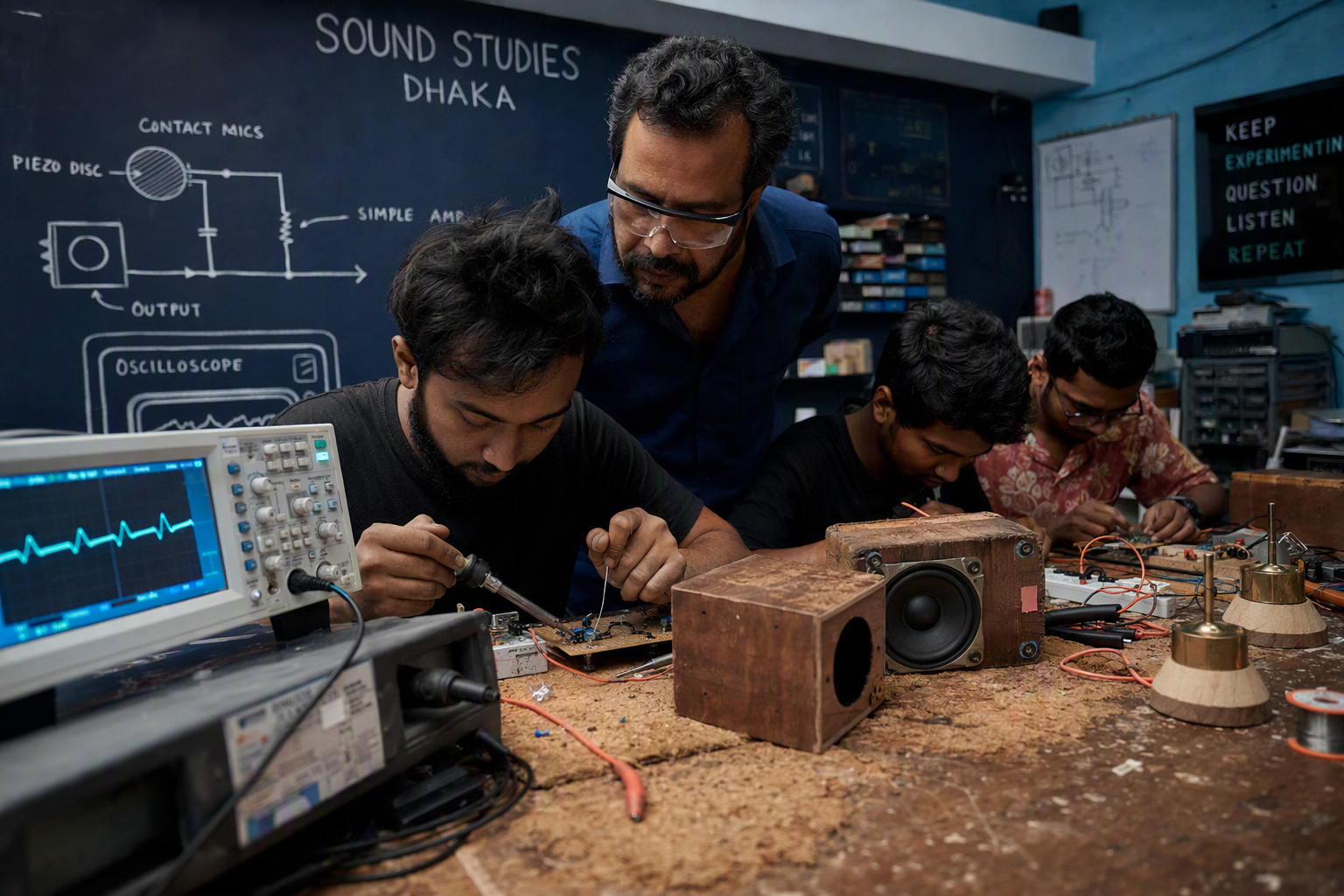 Two participants connecting copper tape and electronic sound modules to a colorful handmade instrument